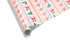 Striped Christmas wrapping paper with red bows, candy canes, holly, and golden stars.