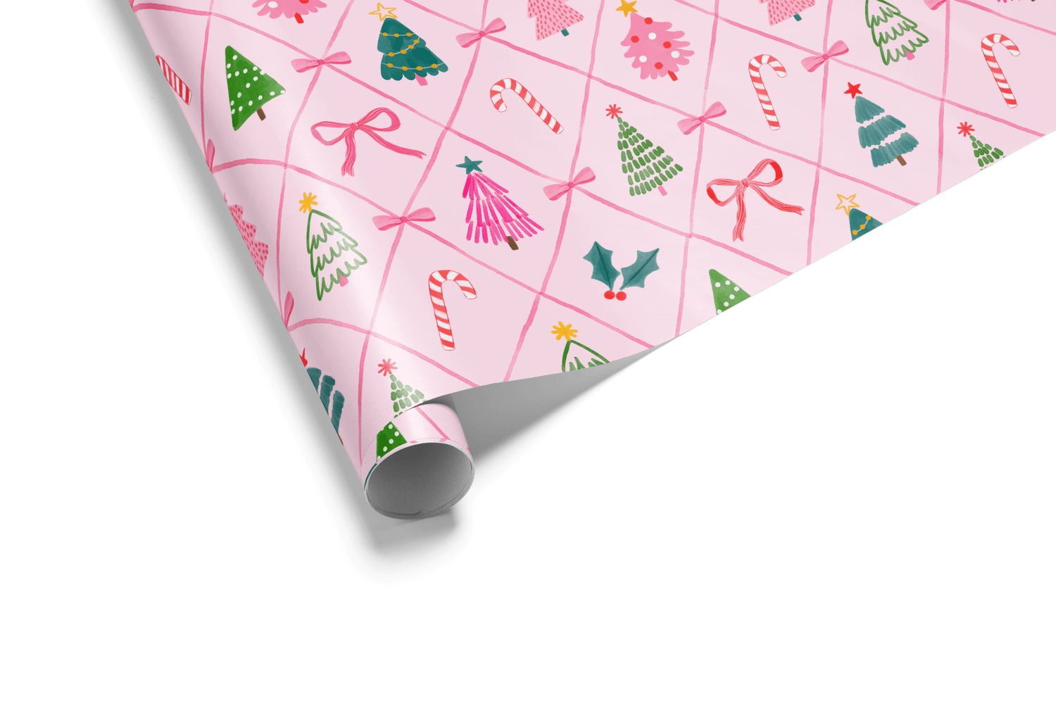 Pink Christmas wrapping paper with festive trees, bows, candy canes, and holly.