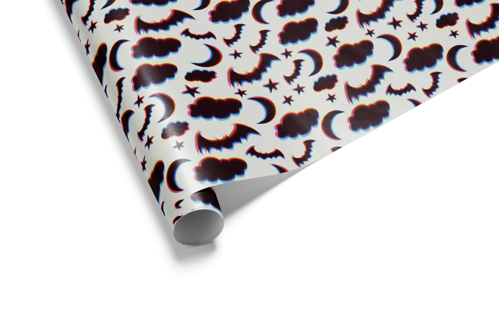 Halloween wrapping paper with bats, moons, clouds, and stars on a white background.