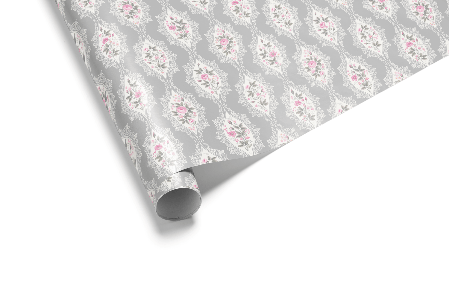 Gray shabby chic wrapping paper with pink floral medallion design for weddings, anniversaries, and bridal showers.