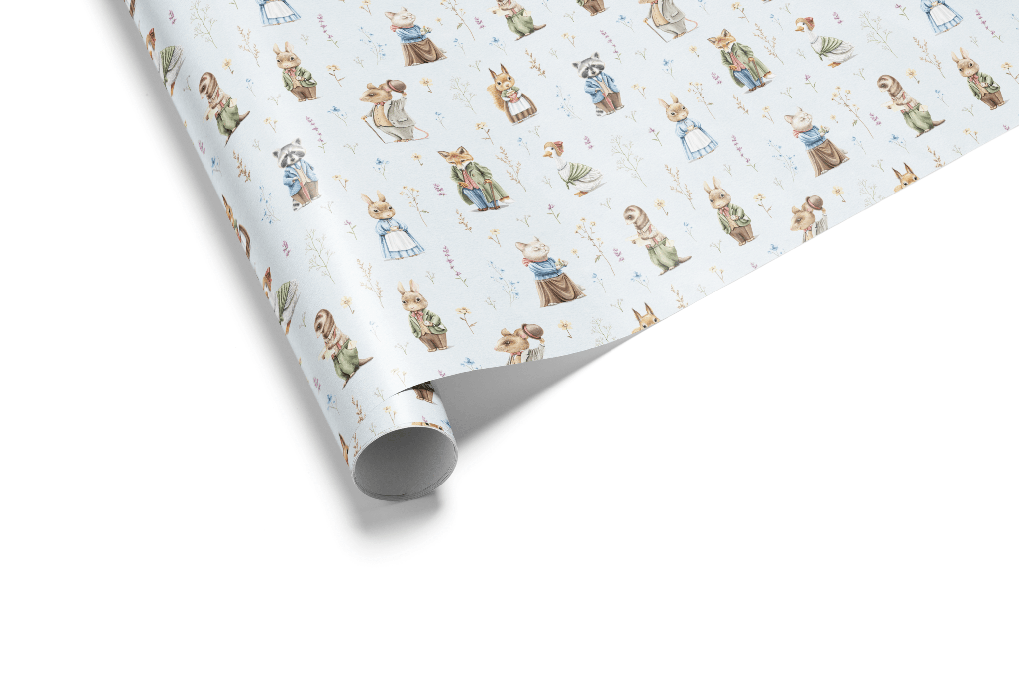 White wrapping paper with a watercolor pattern of storybook woodland animals (rabbits, foxes, hedgehogs) and wildflowers, ideal for peter rabbit wrapping paper.