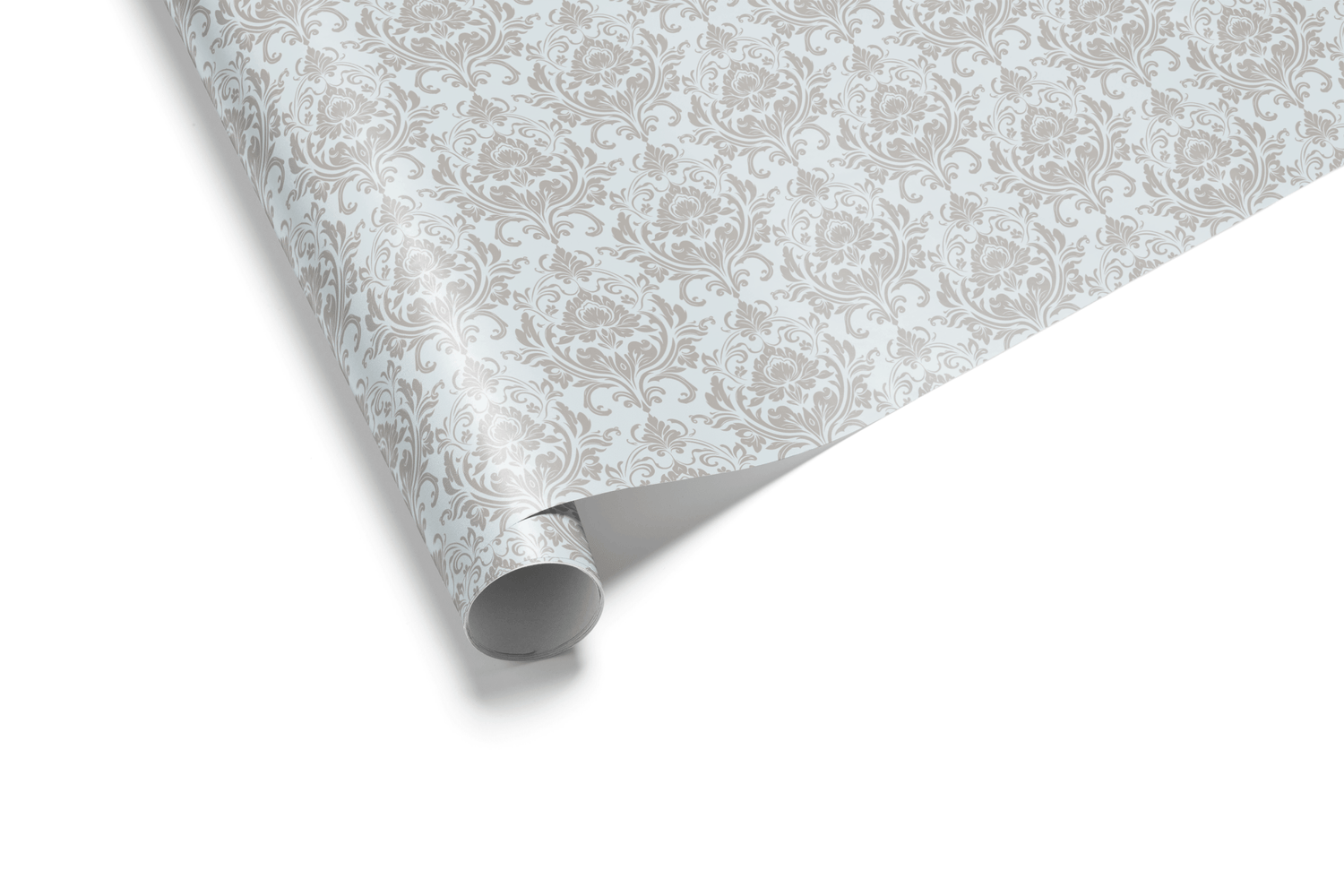 Light gray wrapping paper with a dense, repeating tone-on-tone Damask pattern of intricate floral motifs, ideal for wedding wrapping paper and luxury gift wrap.