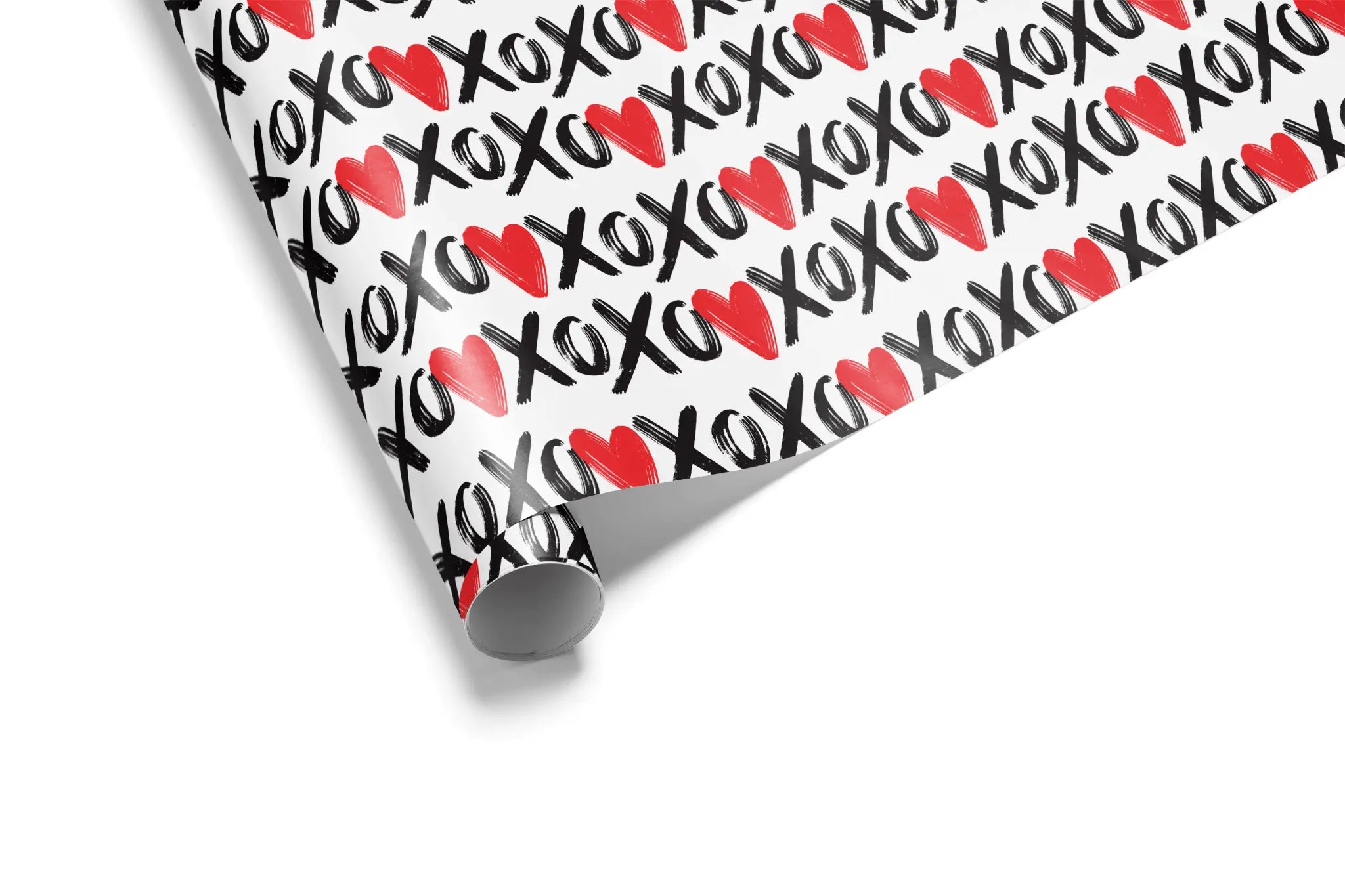 Alt Tag: Playful XOXO Valentine Wrapping Paper roll with scribble XOXO text and red hearts, cute Valentines gift wrap design