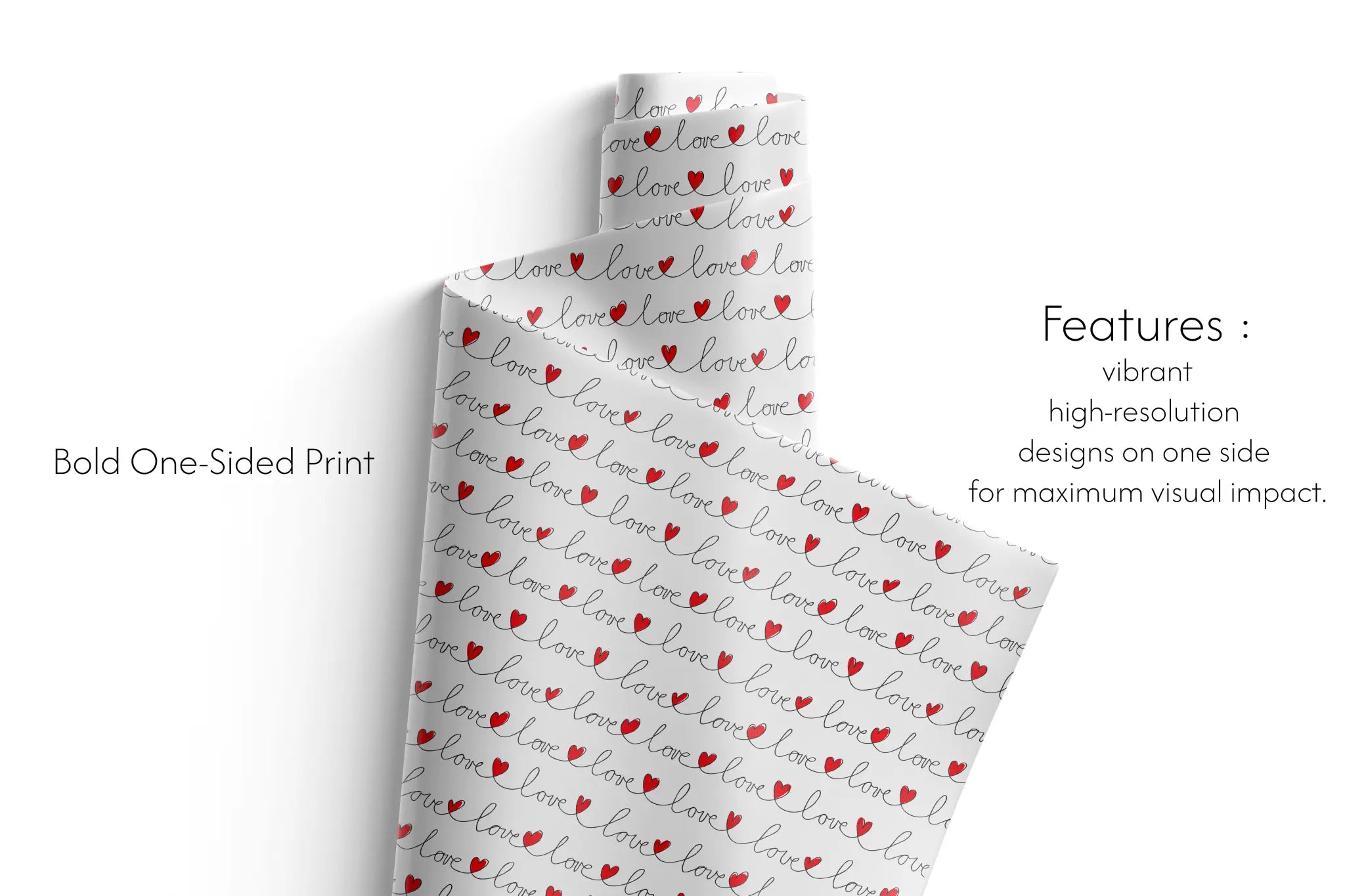 Alt Tag: Elegant Valentine Love Wrapping Paper roll with vintage love script and red heart pattern, bold one-sided print features