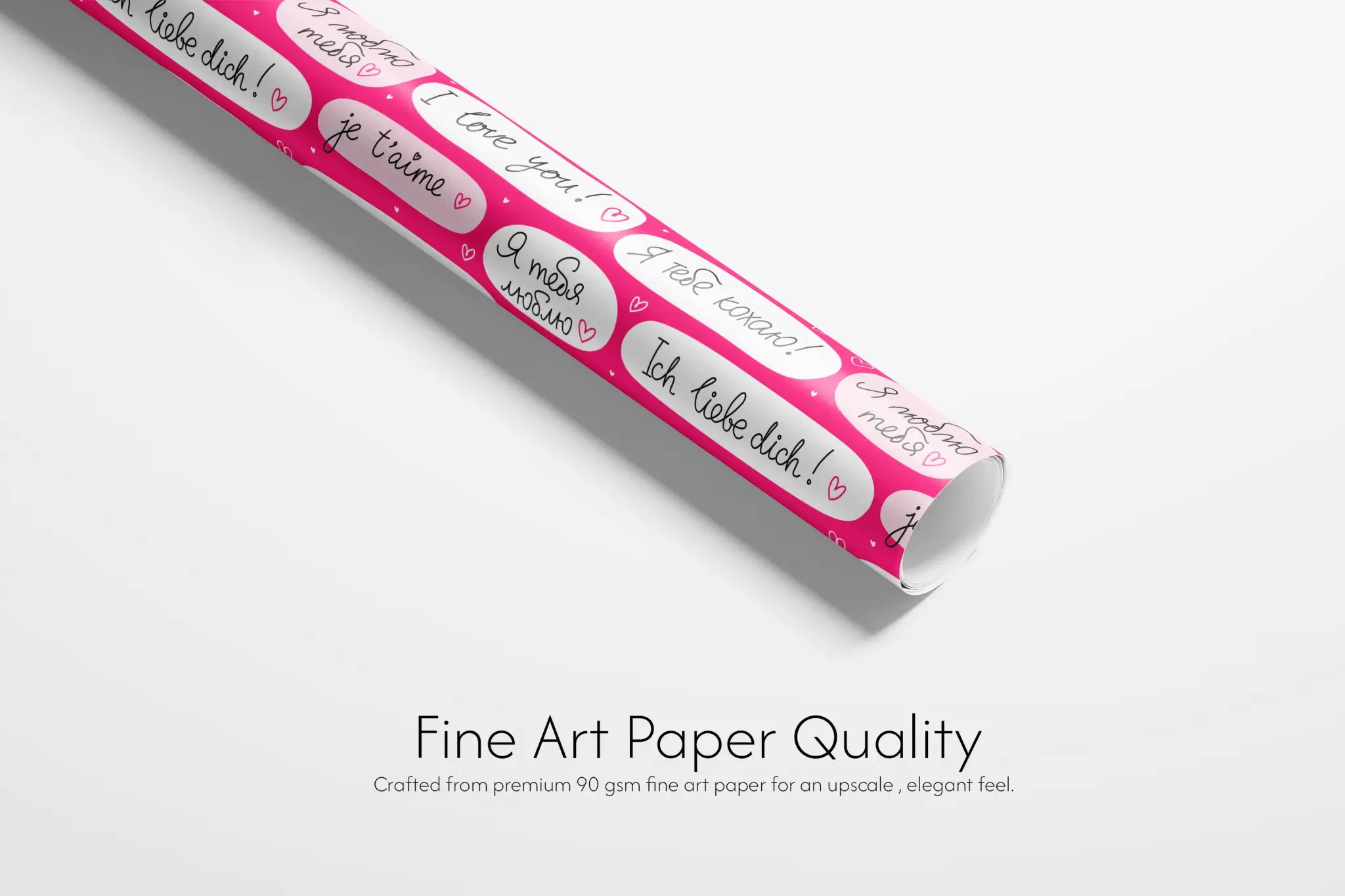 Multilingual Valentine Love Wrapping Paper roll with romantic phrases in multiple languages, cute Valentine typography design, fine art paper quality
