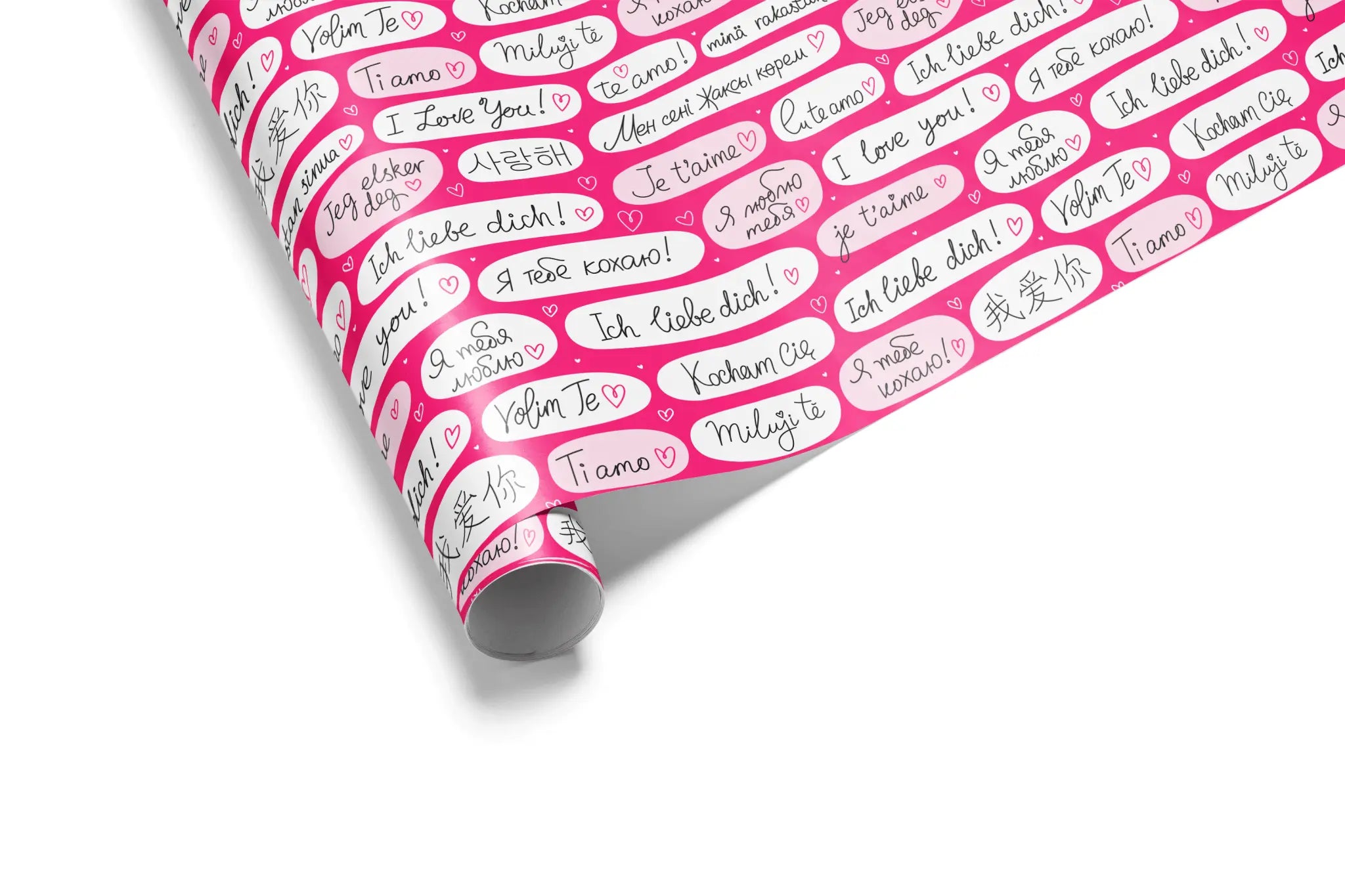 Multilingual Valentine Love Wrapping Paper with cute pink hearts and multilingual “I love you” typography design