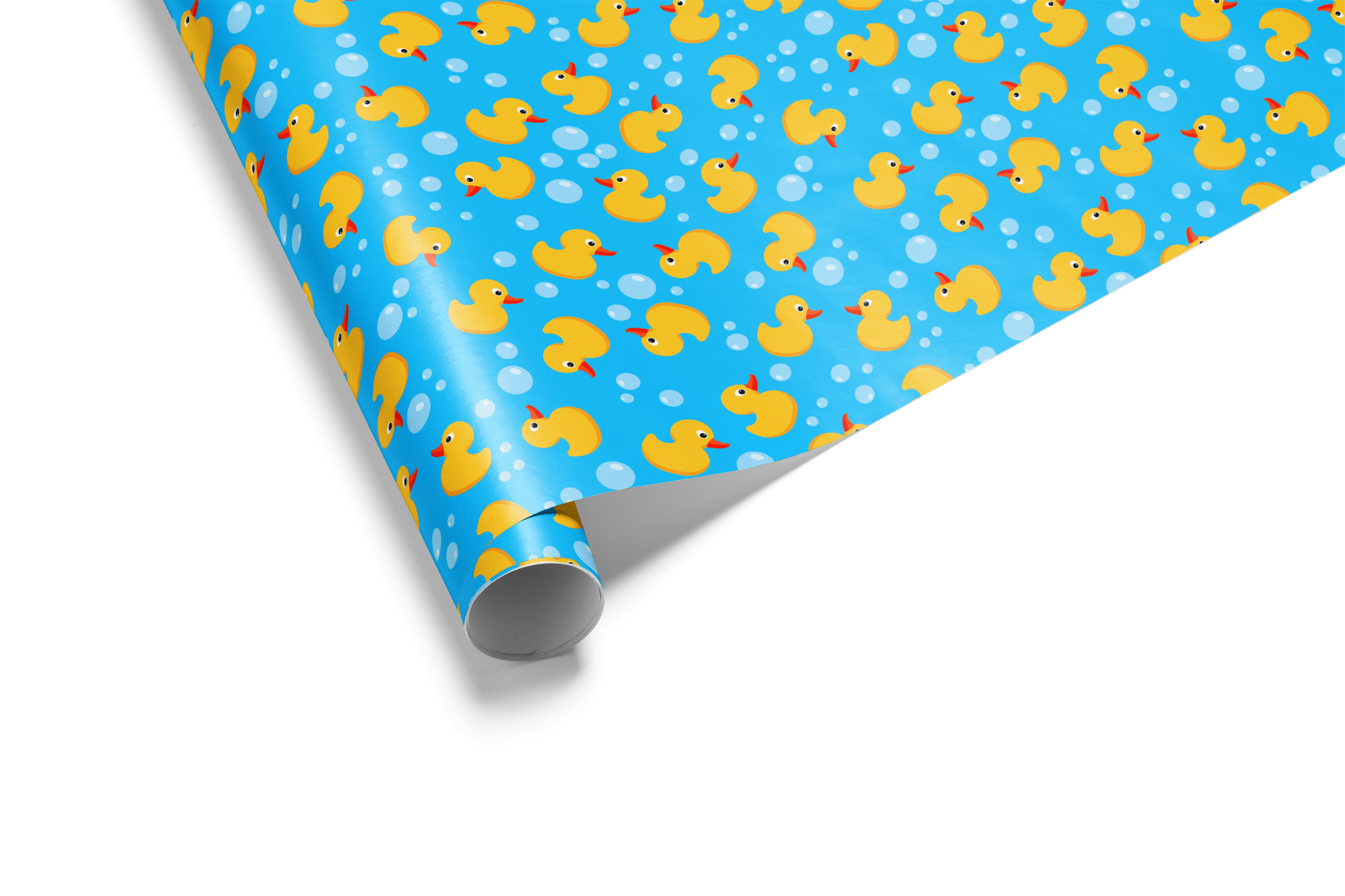 Roll of blue wrapping paper with yellow rubber duck pattern