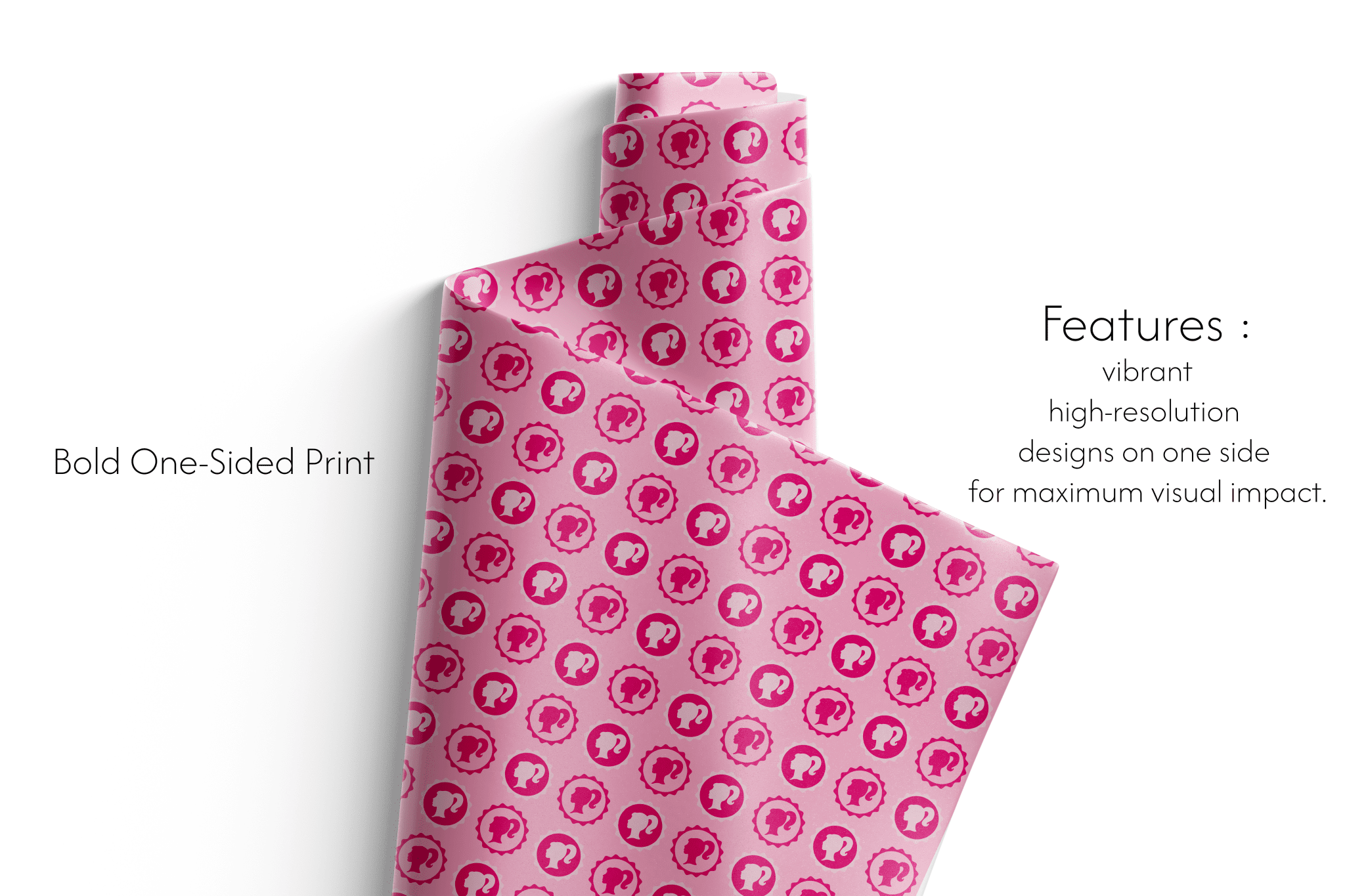 Vibrant pink wrapping paper with repeating doll silhouettes, ideal for a 16th birthday girl wrapping paper roll.