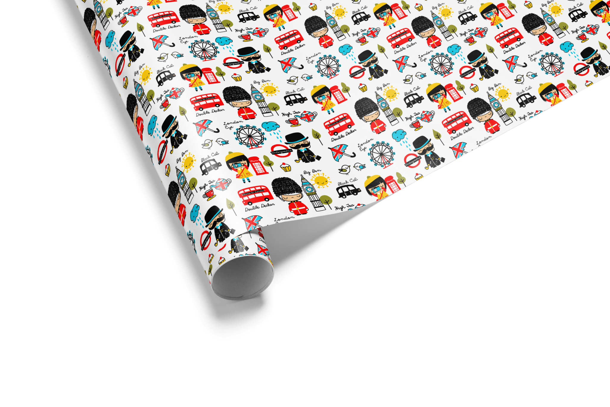 Roll of wrapping paper with London-themed design on a white background