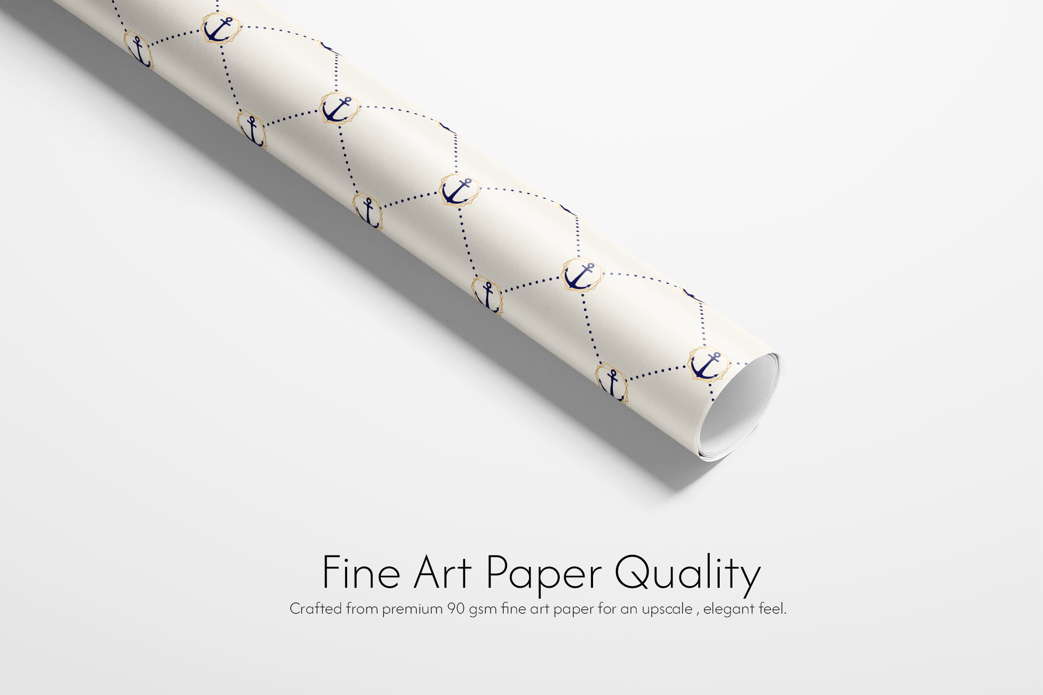Alt Tag: Nautical Wrapping Paper roll with navy anchors and dotted lattice on neutral background, Harbor Estate fine art paper quality