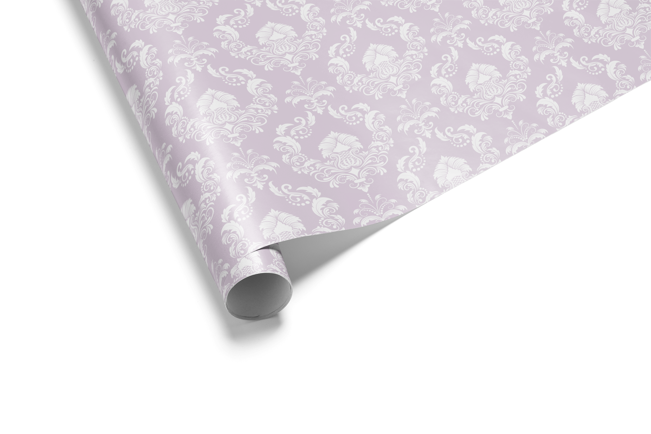 Alt Tag: Quiet Estate lavender damask wrapping paper roll with white ornate pattern on pale lavender background