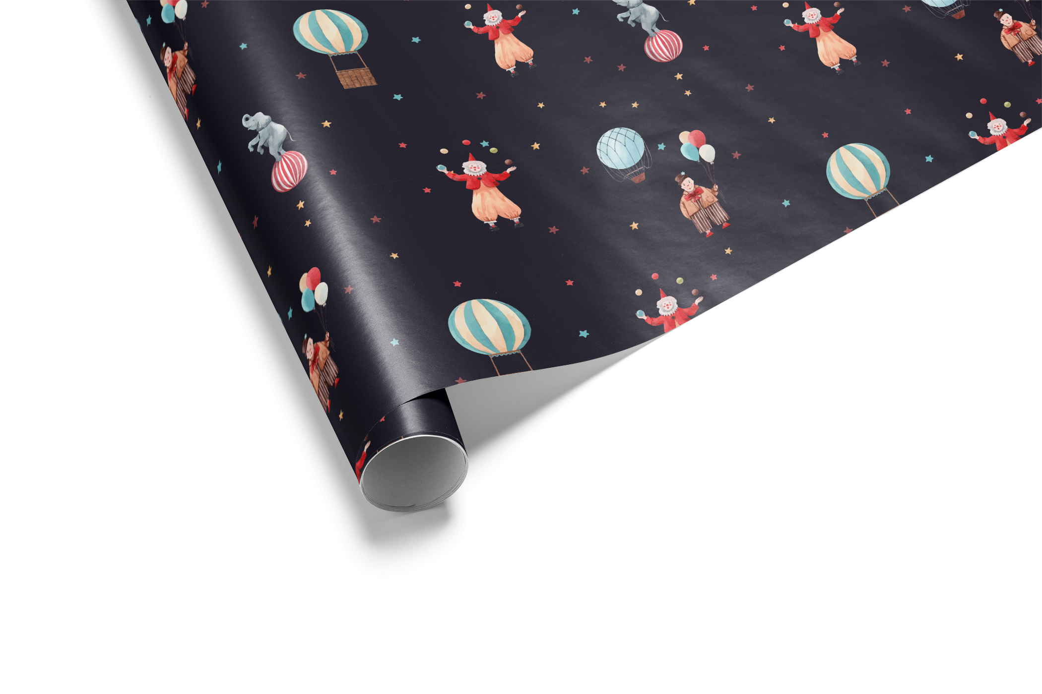 Alt Tag: Circus Wrapping Paper Midnight Spectacle with vintage balloons, elephants, jugglers and stars on a black background