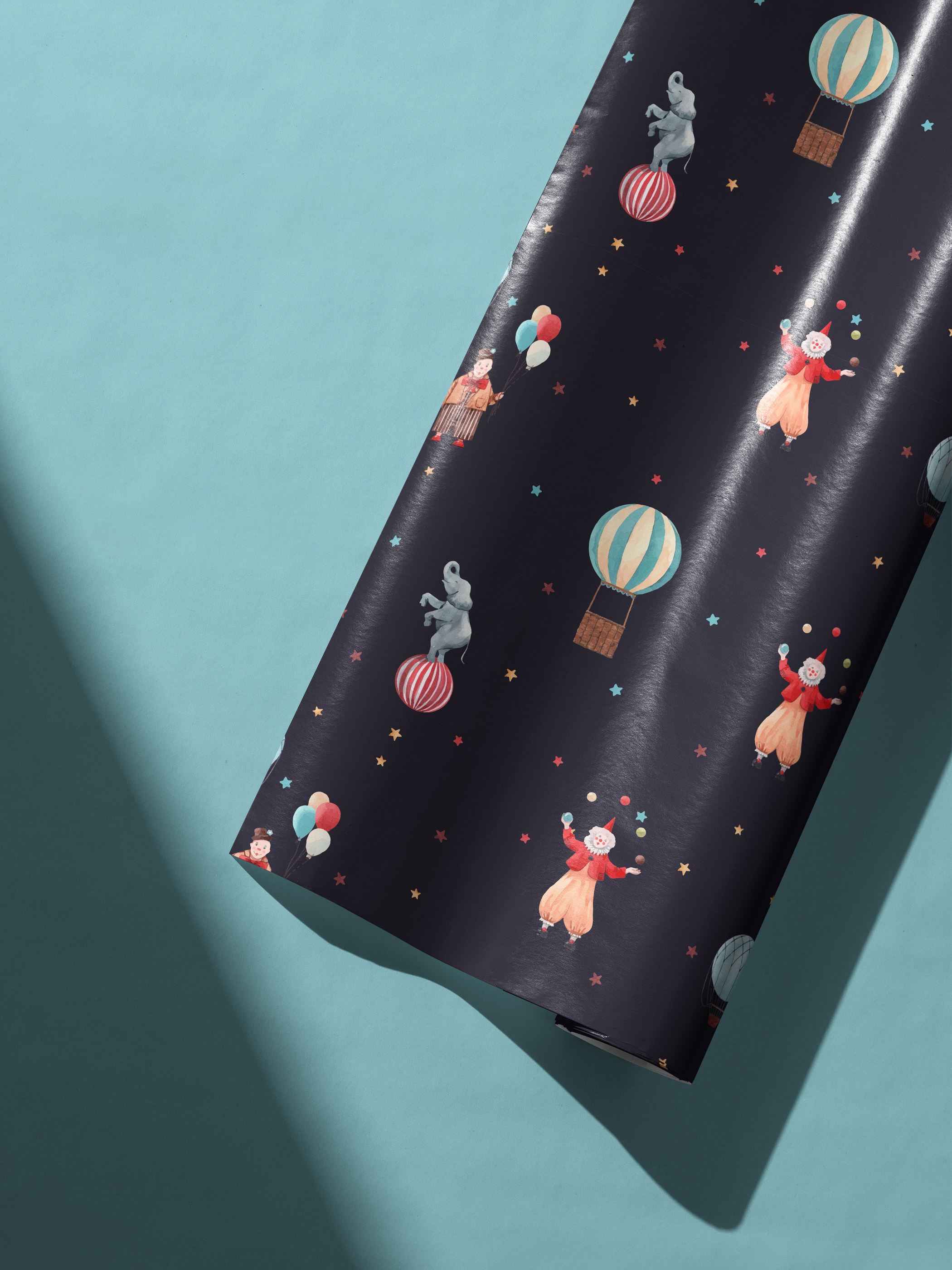 Alt Tag: Circus Wrapping Paper on midnight black background with elephants, hot air balloons, juggling clowns and stars