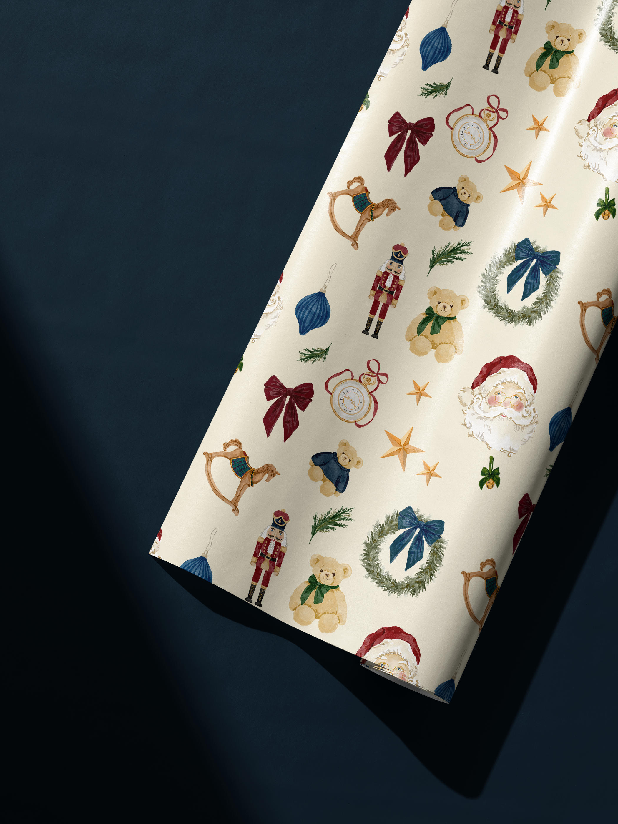 Alt Tag: December Manor Luxury Christmas Wrapping Paper roll with Santa, nutcracker, wreaths, rocking horse, bows, ornaments, gold stars