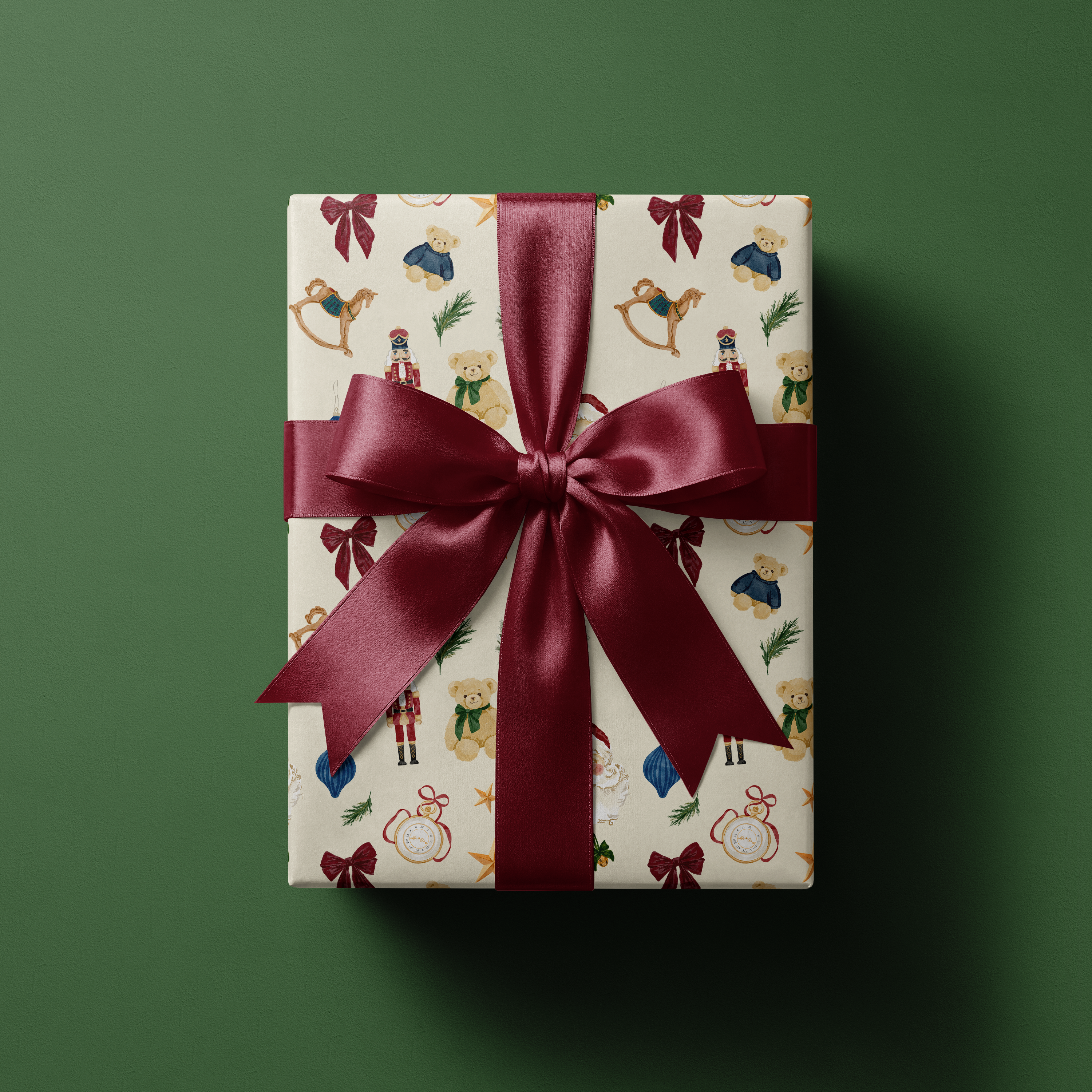 Alt Tag: Luxury Christmas Wrapping Paper December Manor gift wrap with classic holiday icons and burgundy satin ribbon bow