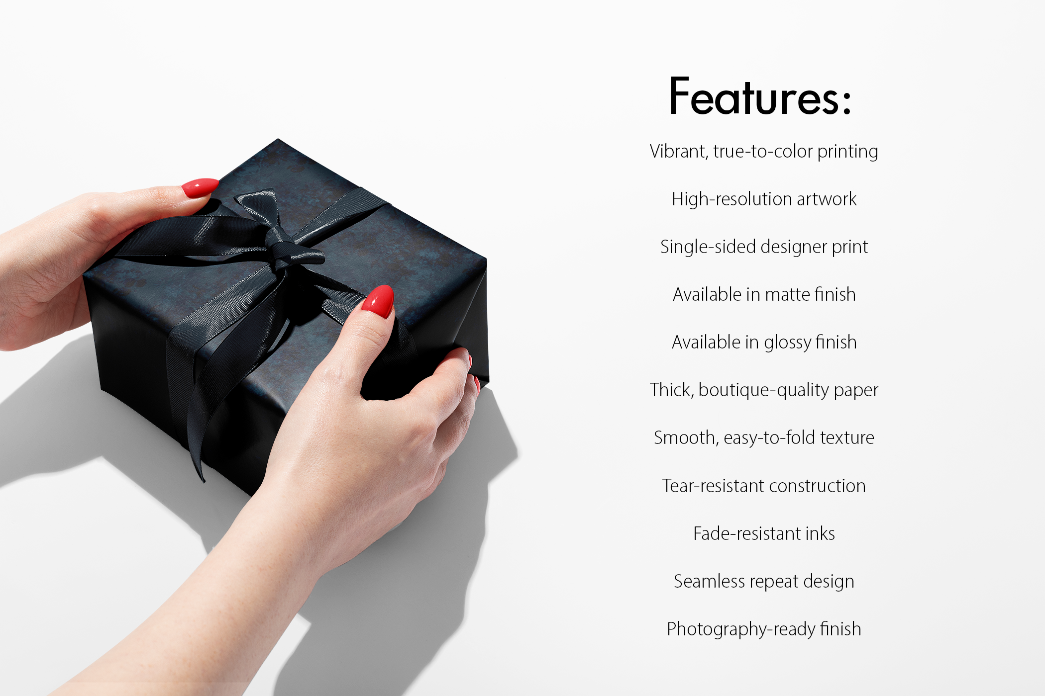 Dark Floral Wrapping Paper Velvet Nocturne navy florals on inky blue gift wrap with black ribbon, premium boutique-quality finish