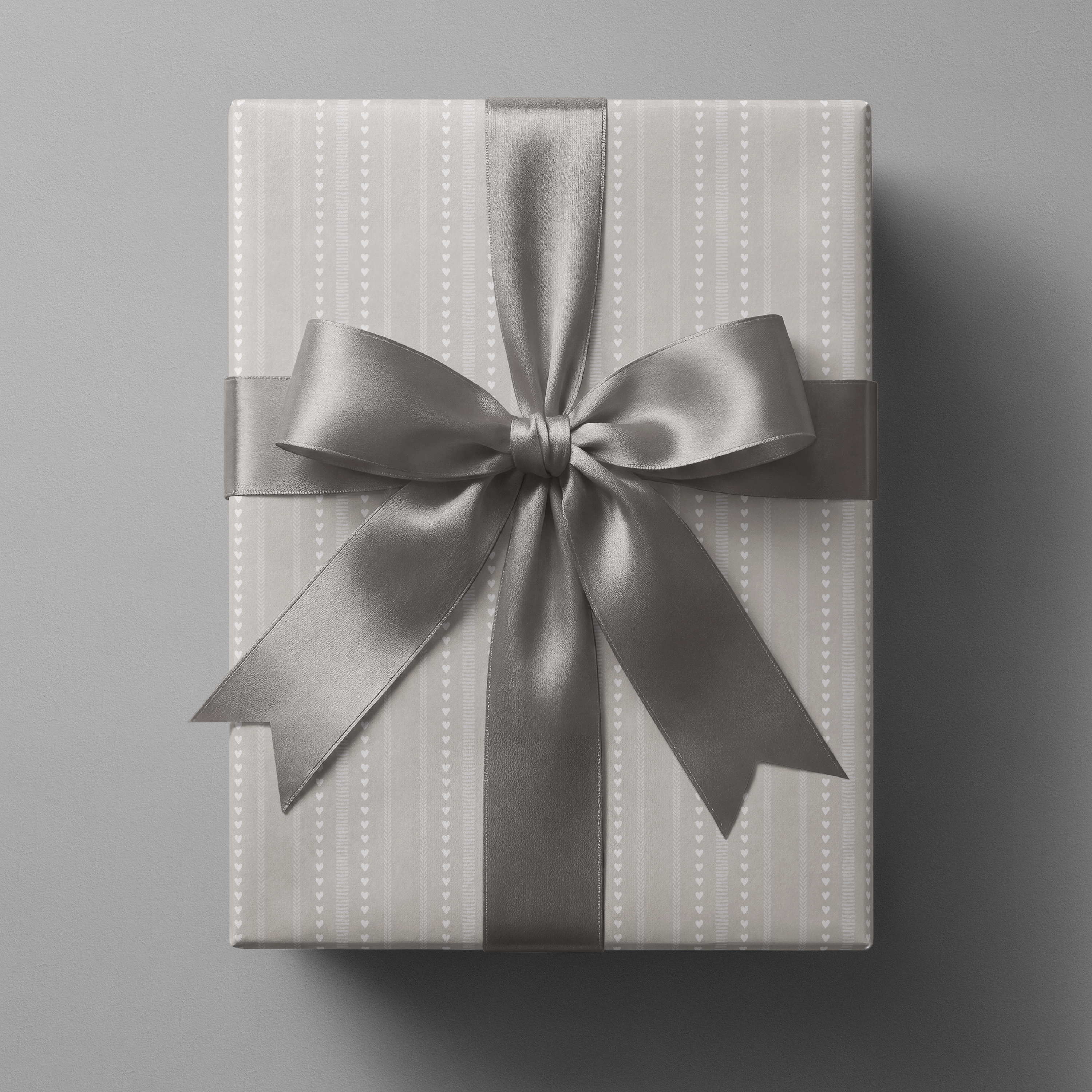 Wedding Wrapping Paper Silver Vow pale gray with vertical heart stripes, gift wrap with silver satin ribbon bow