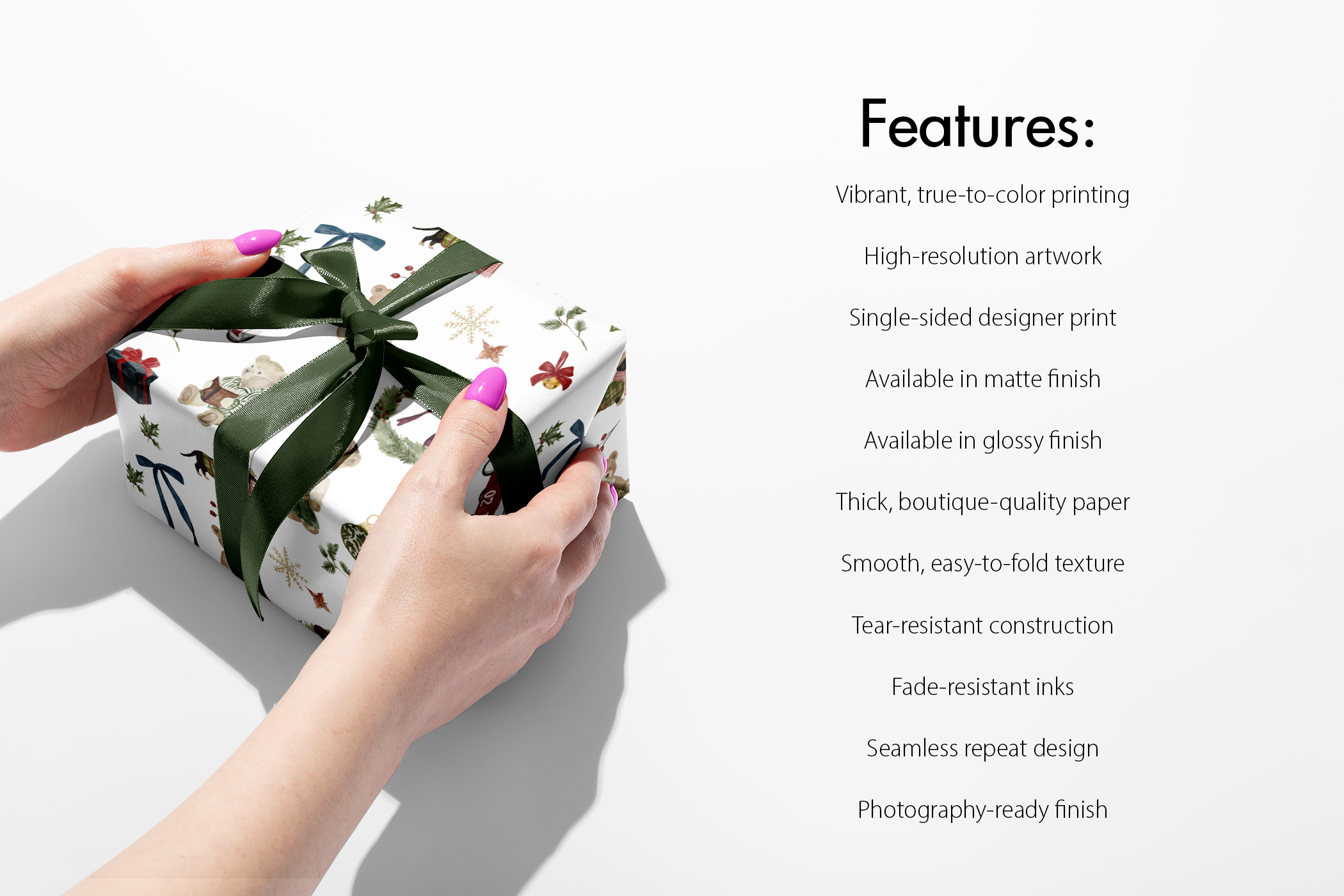 Luxury Christmas Wrapping Paper gift wrap on present with green ribbon, featuring holiday illustrations and premium printing features list