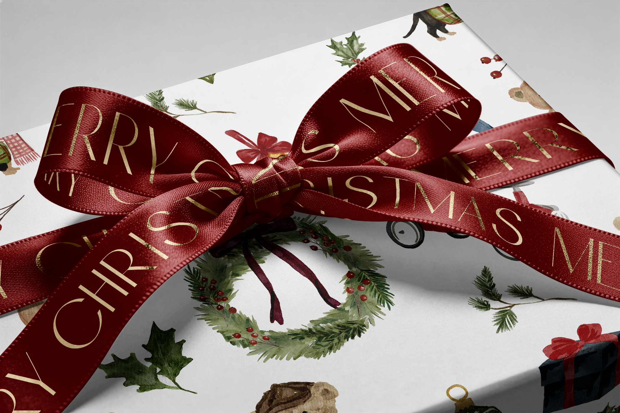 Luxury Christmas Wrapping Paper with vintage wreath illustration and red Merry Christmas ribbon bow on elegant holiday gift wrap