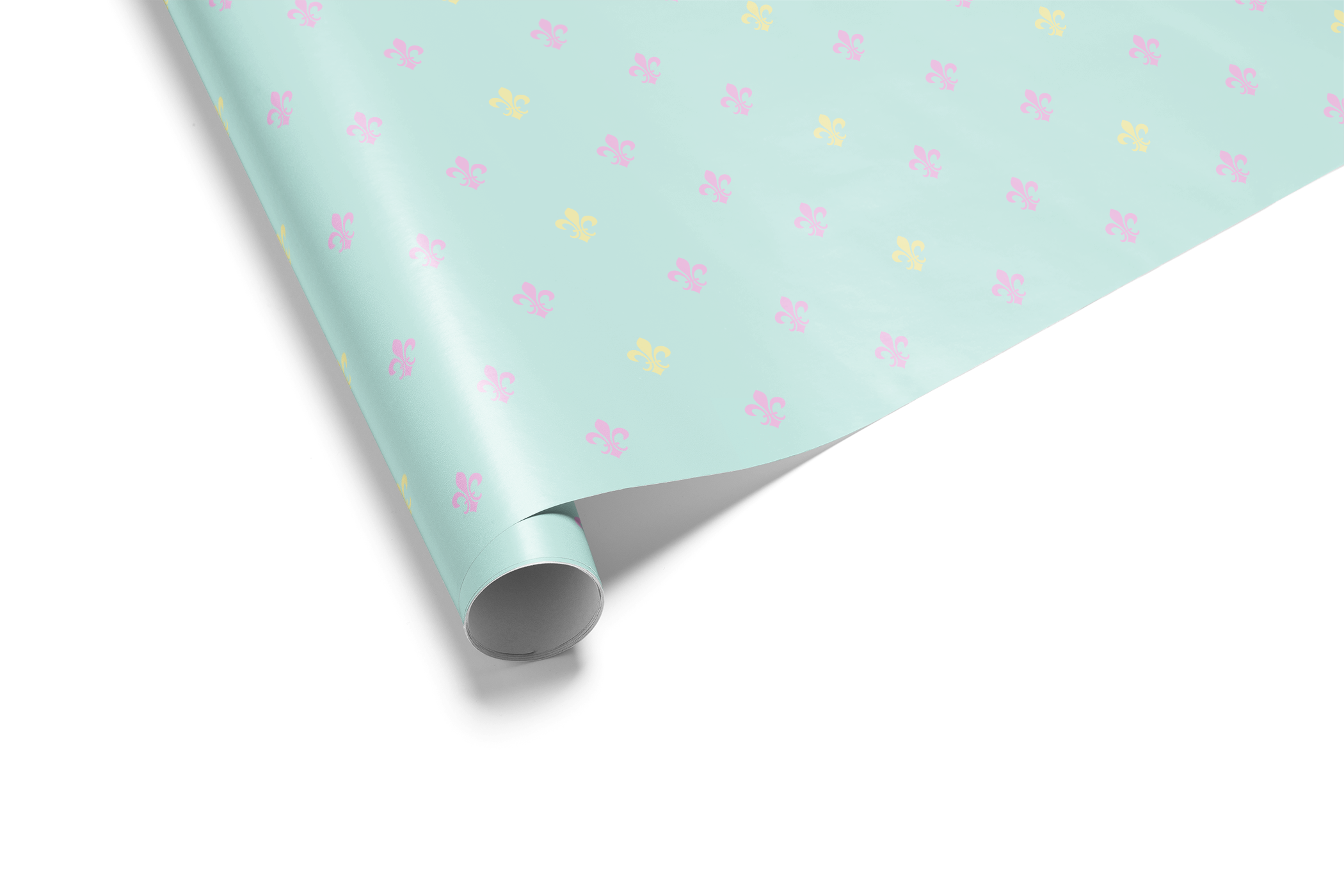 Alt Tag: Fleur de Lis Wrapping Paper in powder blue with pastel blush pink and buttery yellow fleur-de-lis pattern roll