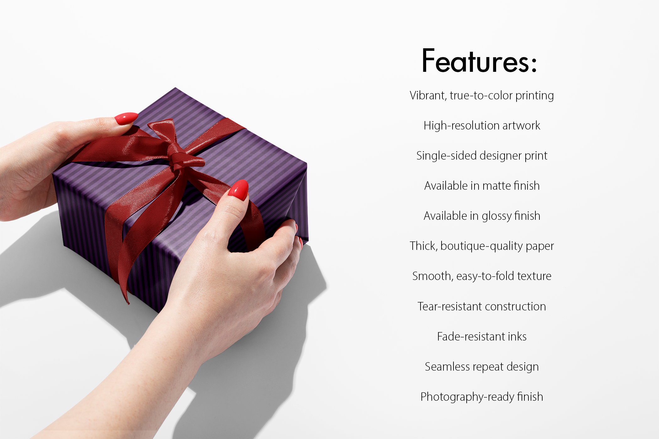 Purple Striped Wrapping Paper wrapped gift box with violet pinstripes and red ribbon, showcasing features like vibrant printing and boutique-quality paper