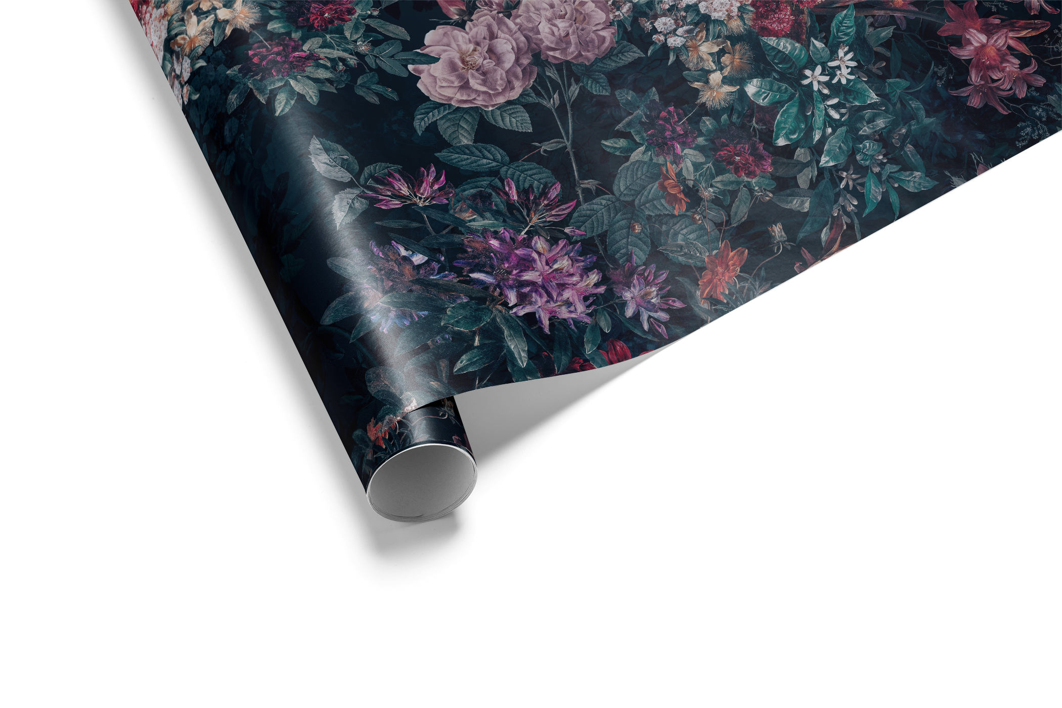 Alt Tag: Moody Floral Christmas Wrapping Paper Velvet Noir with jewel-toned burgundy, plum, rose & emerald florals on a dark midnight background