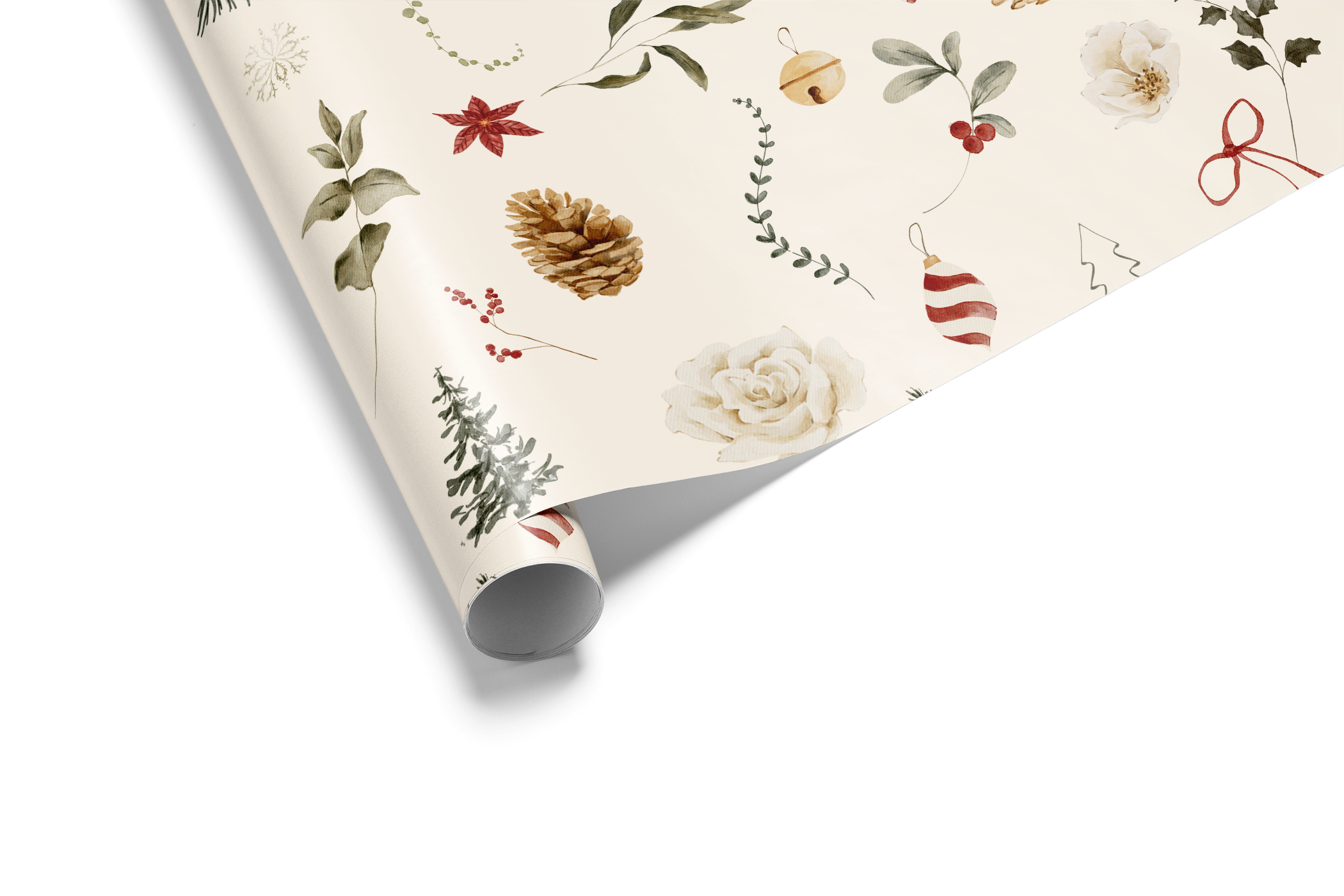 Alt Tag: Winter Garden botanical Christmas wrapping paper with watercolor pinecones, evergreen sprigs, holly leaves, ornaments and bows on cream