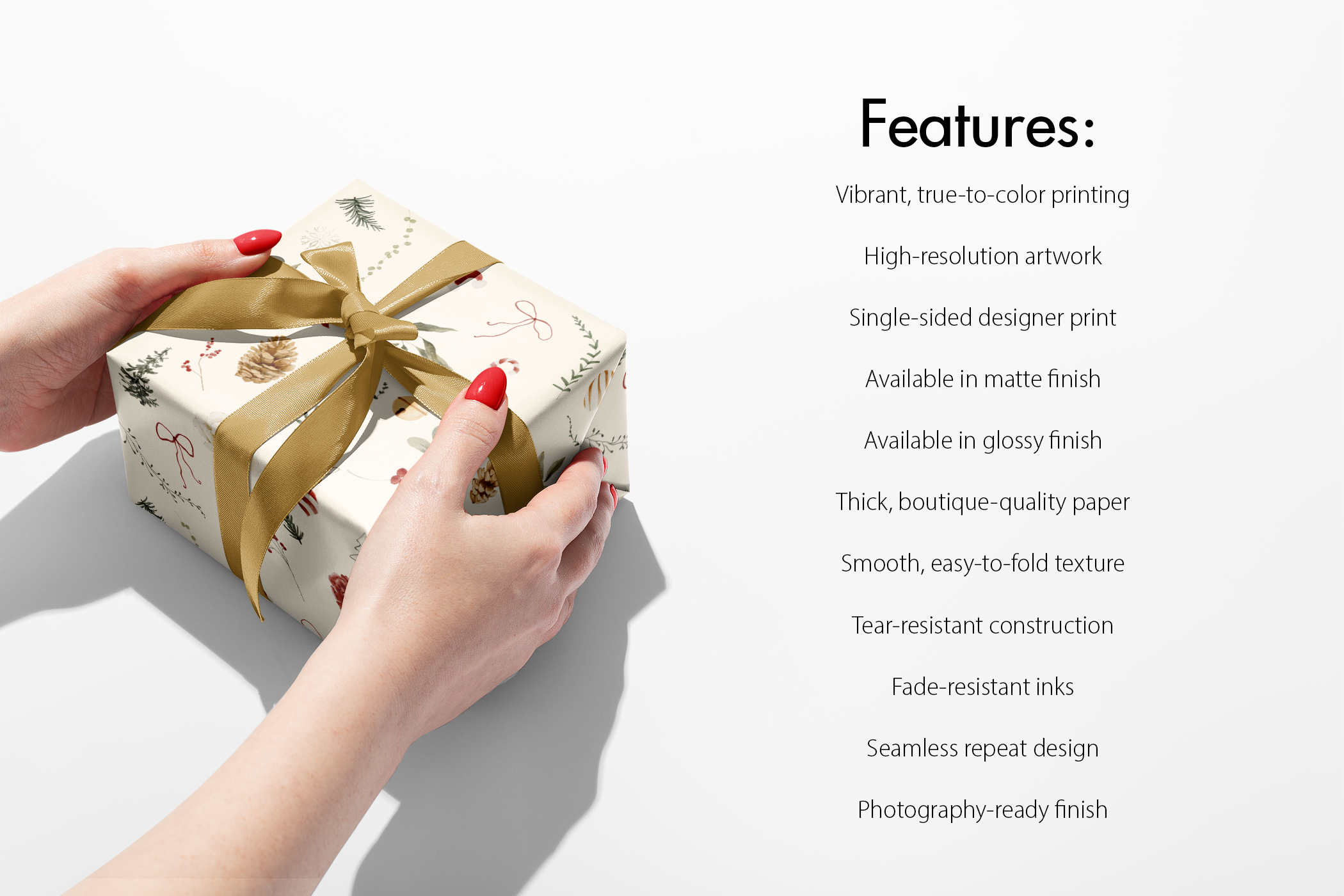 Winter Garden botanical Christmas wrapping paper on gift box, watercolor pinecones, evergreen, holly, ornaments on warm cream background