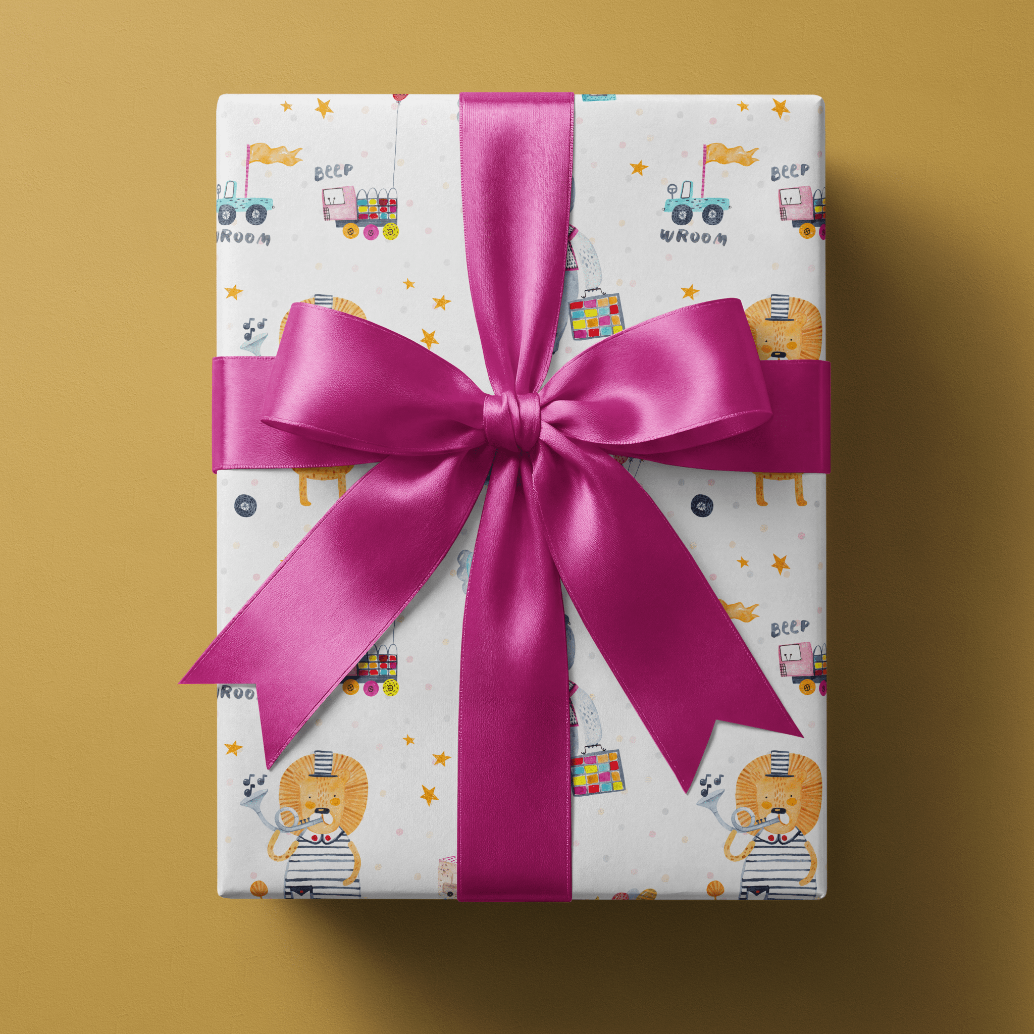 Baby shower wrapping paper rolls with watercolor teddy bears, lions, and nursery toys on white.