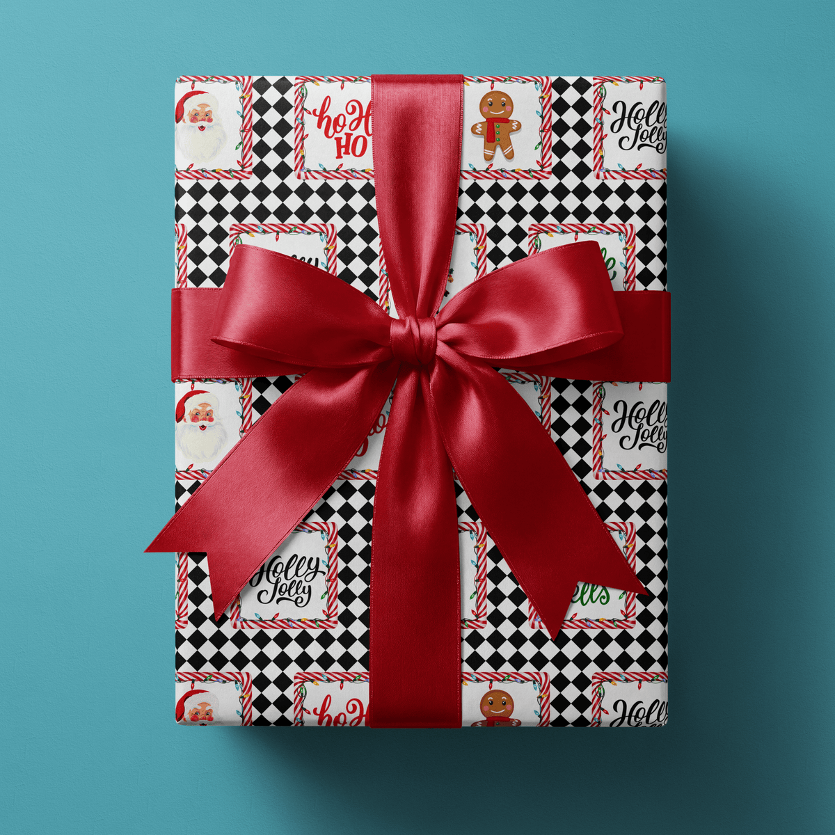 Black and White Christmas Wrapping Paper - Holly Jolly Check - Haus of Wrap