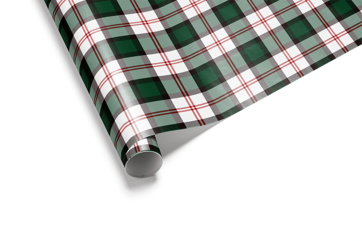Rolled Deerfield green plaid wrapping paper, Winter Lodge colorway
