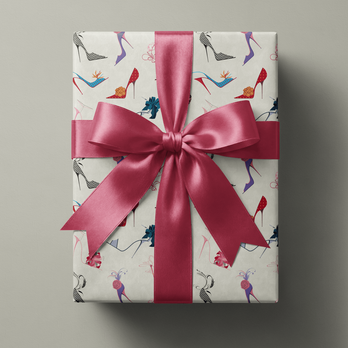 Birthday Wrapping Paper for Her - Gift box in Haus of Wrap’s Sole Searching wrapping paper with pink satin bow—perfect gift wrap for birthdays, weddings, holidays.