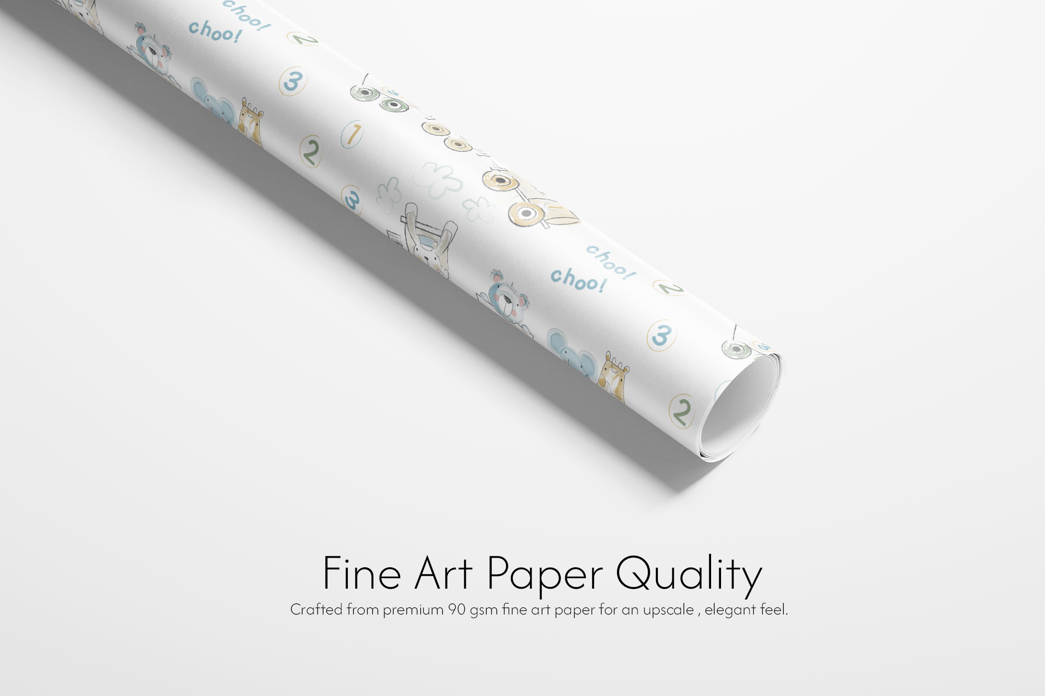 Alt Tag: Baby Shower Gift Wrap roll with watercolor animals on counting train, soft blues and neutrals, fine art paper quality