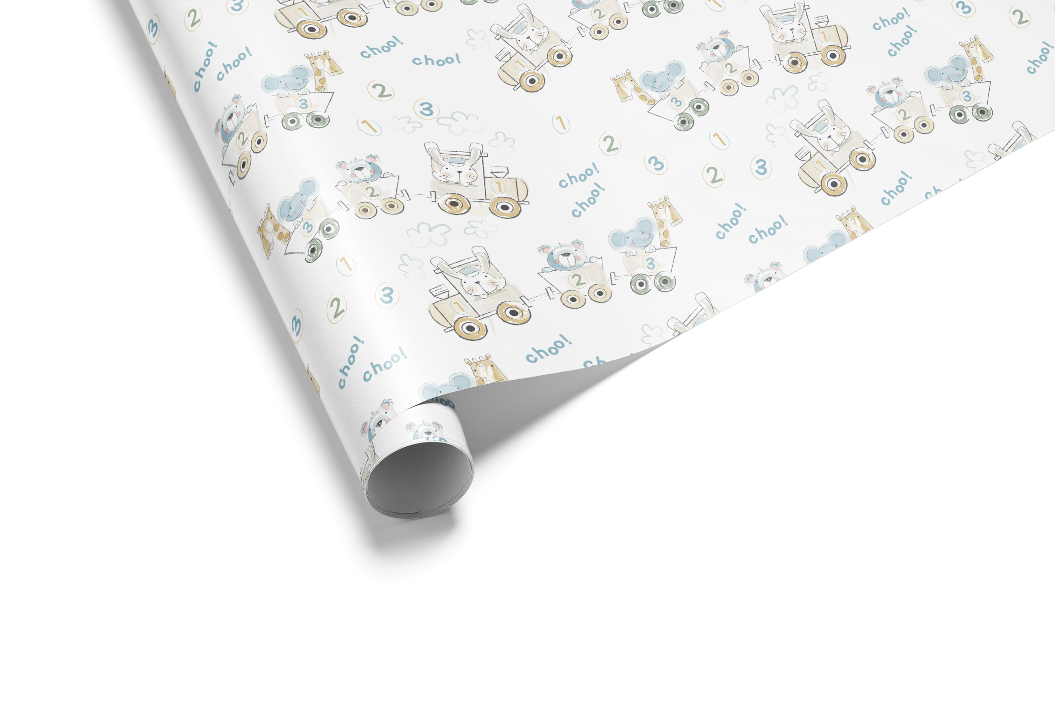 Alt Tag: Baby Shower Gift Wrap with watercolor animals on a counting train, soft blue and neutral baby shower wrapping paper