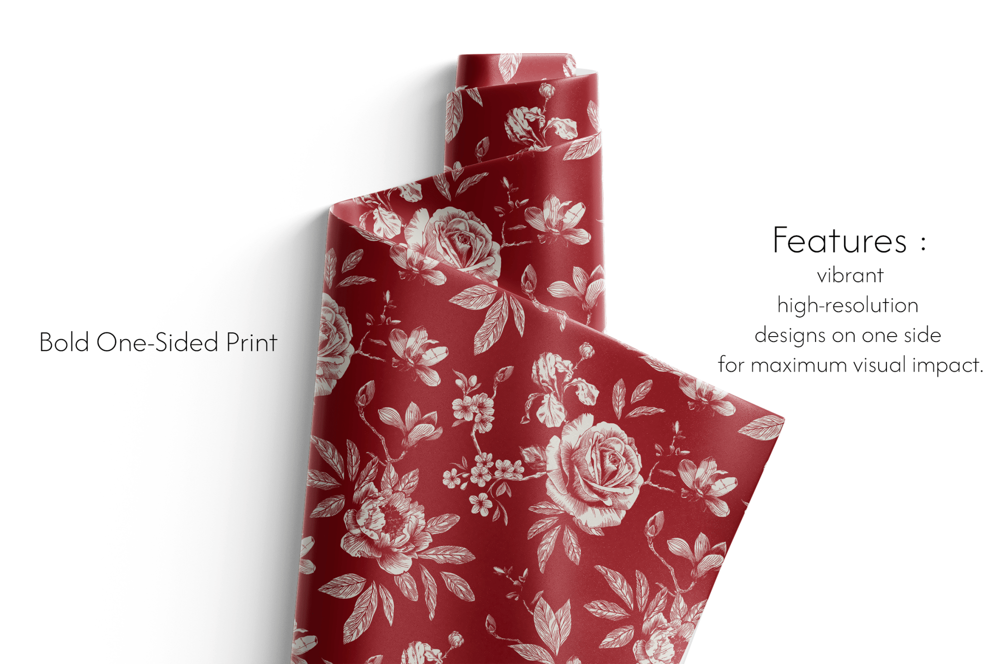 Alt Tag: Deep Red Floral Gift Wrapping Paper with ivory peonies and botanical leaves on rich crimson background, bold one-sided print