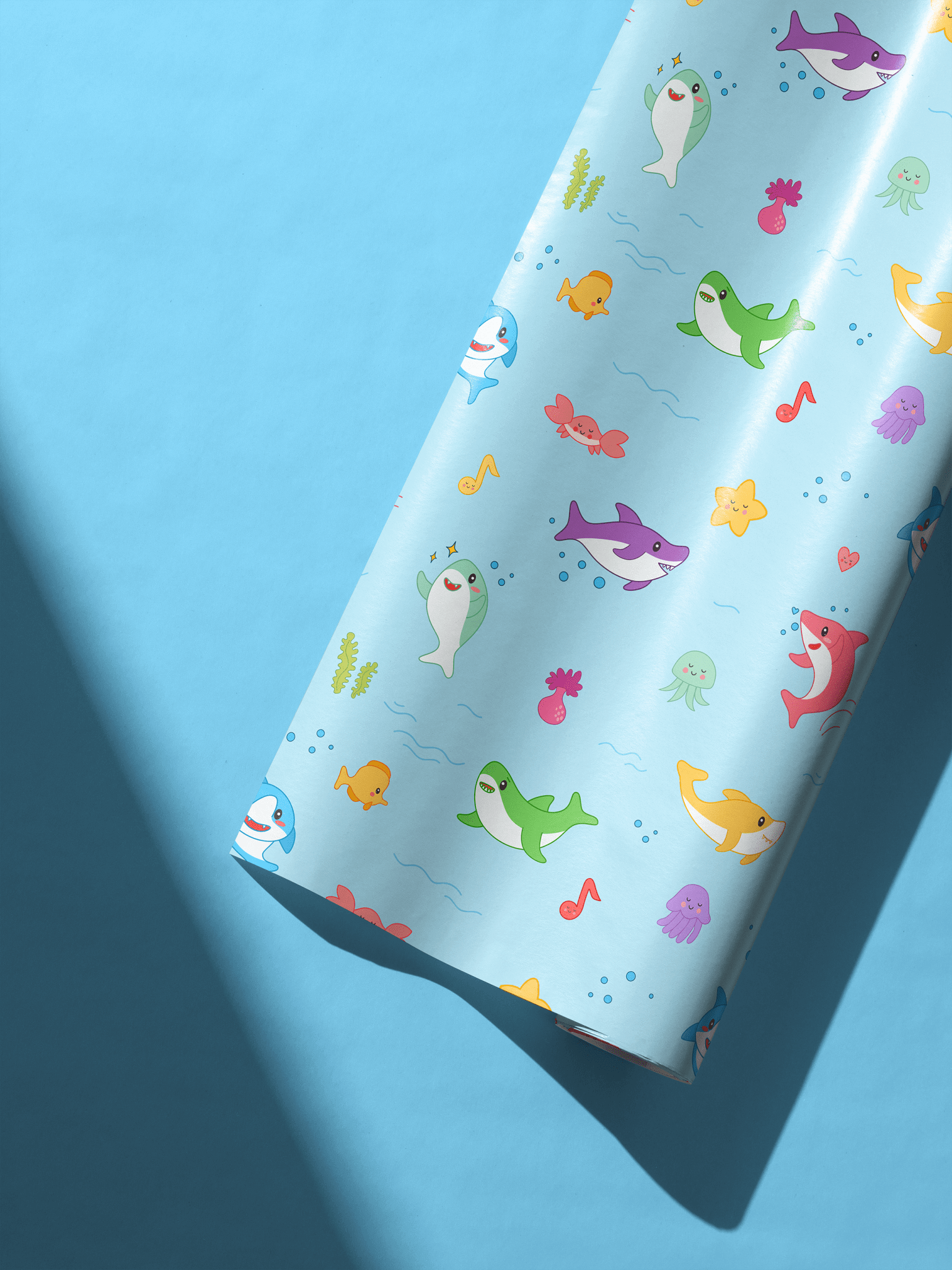 Alt Tag: Giggles Under the Sea baby shark wrapping paper with colorful sharks & notes, childrens wrapping paper for birthday or baby shower