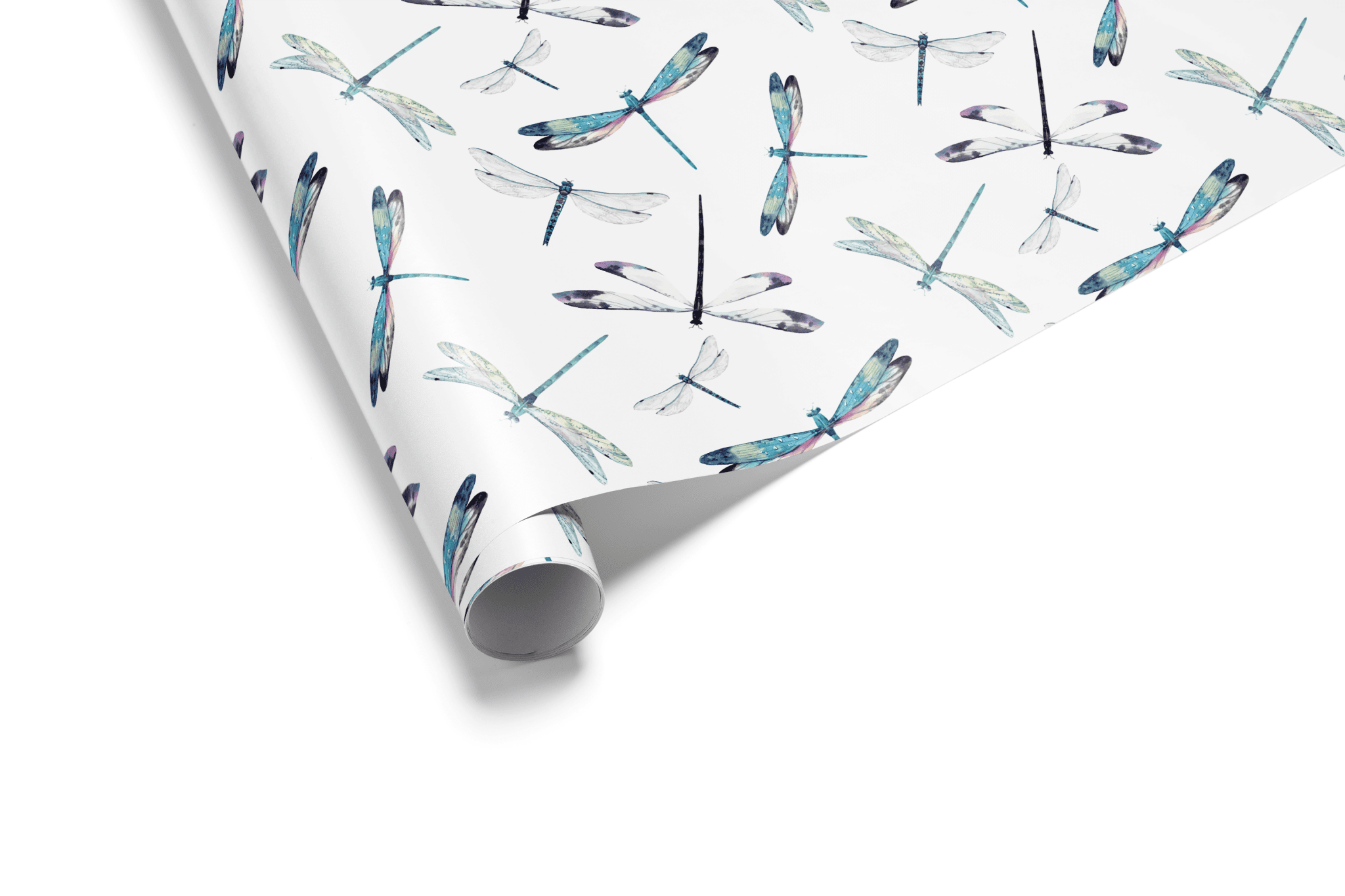 Alt Tag: Dragonfly Themed Gift Wrap Paper roll with gossamer dragonfly pattern on white background, Gossamer Flight wrapping paper