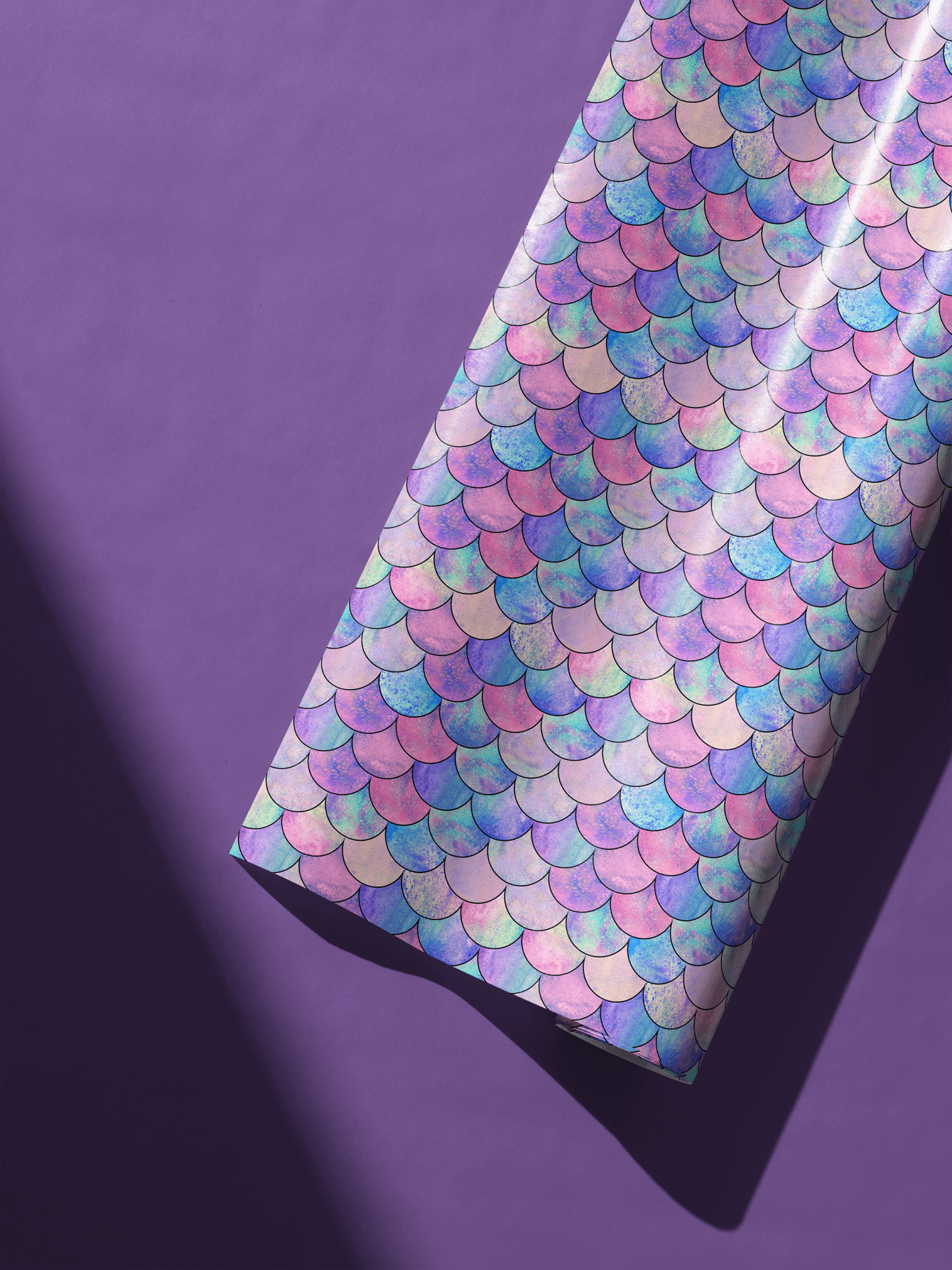 Alt Tag: Opalescent Undersea Brilliance mermaid scales wrapping paper, iridescent violet-azure-pink pattern, childrens wrapping paper for birthday or baby shower