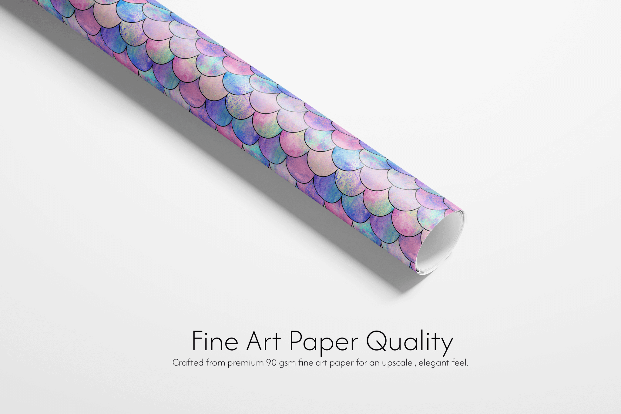 Alt Tag: Opalescent Undersea Brilliance mermaid scales wrapping paper, iridescent violet-azure-pink design, childrens wrapping paper for birthday or baby shower