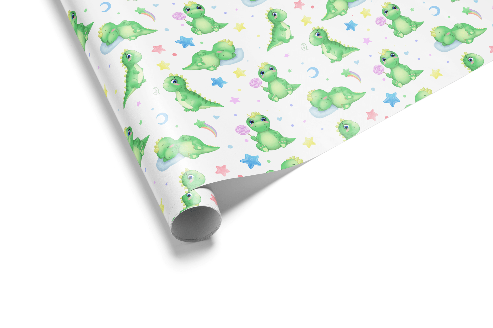 Alt Tag: Green Dinosaur Birthday Wrapping Paper roll with sleepy green dinosaurs, stars, and crescent moons on white background