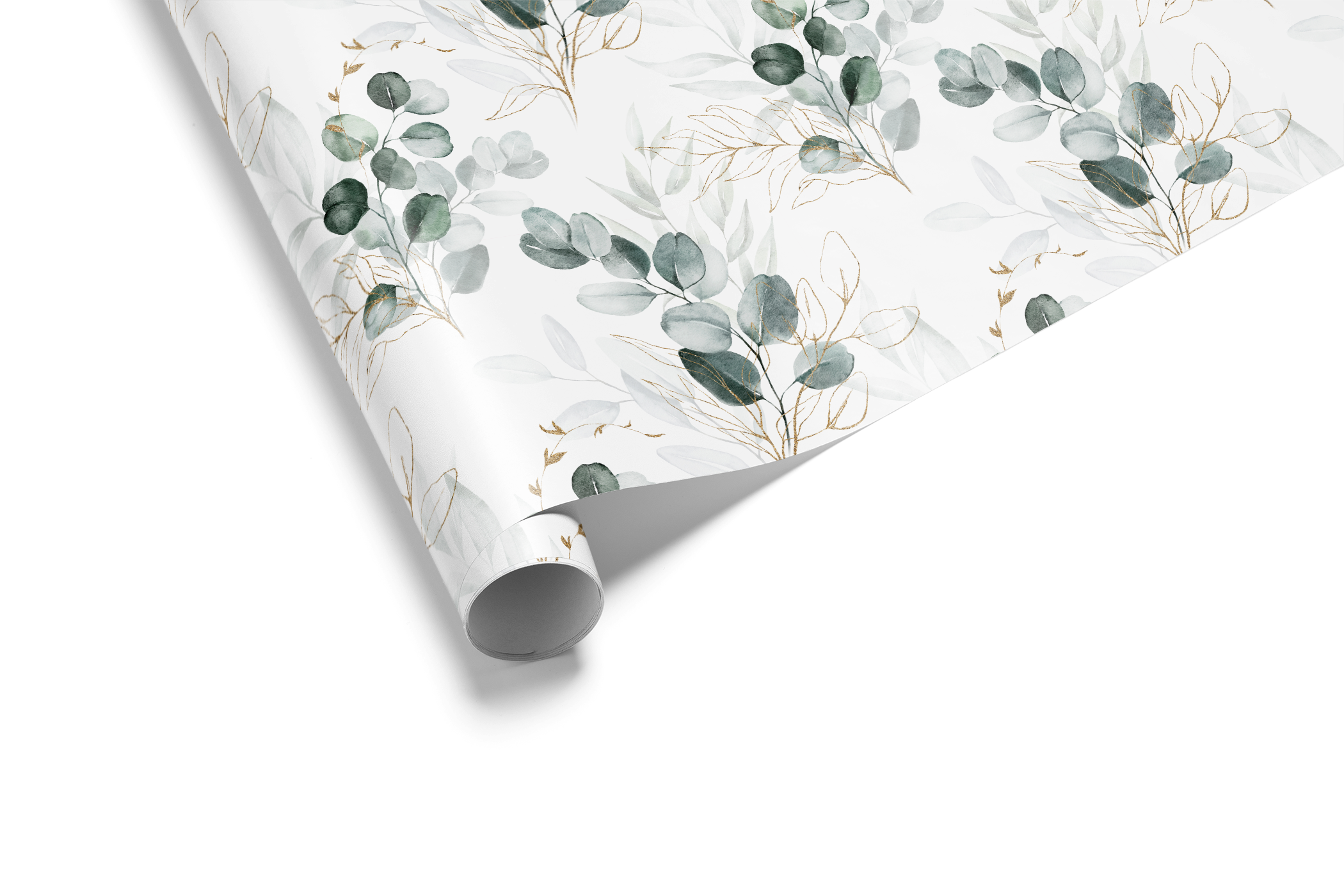 Alt Tag: Wedding Gift Wrap in muted golden sage estate botanical design with eucalyptus leaves, elegant bridal gift wrapping paper