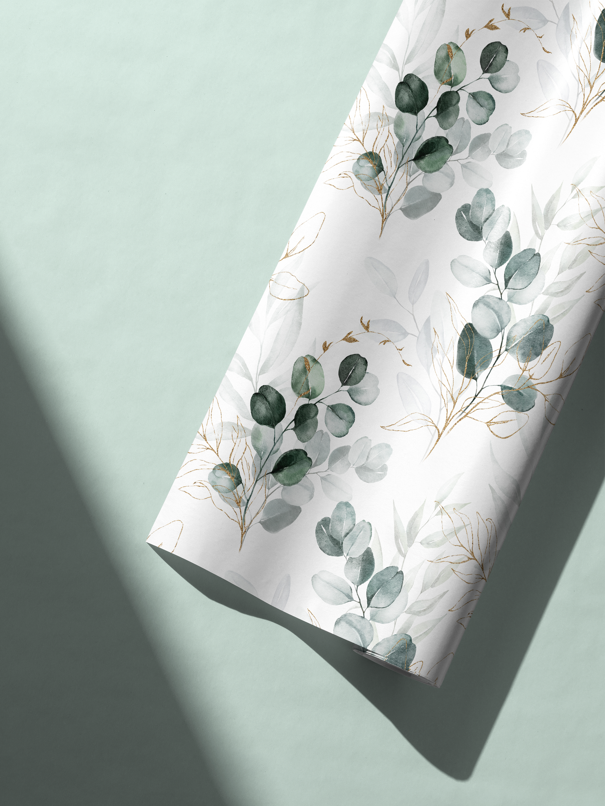 Wedding Gift Wrap in muted sage with botanical leaves and subtle gold detailing, modern bridal gift wrapping paper