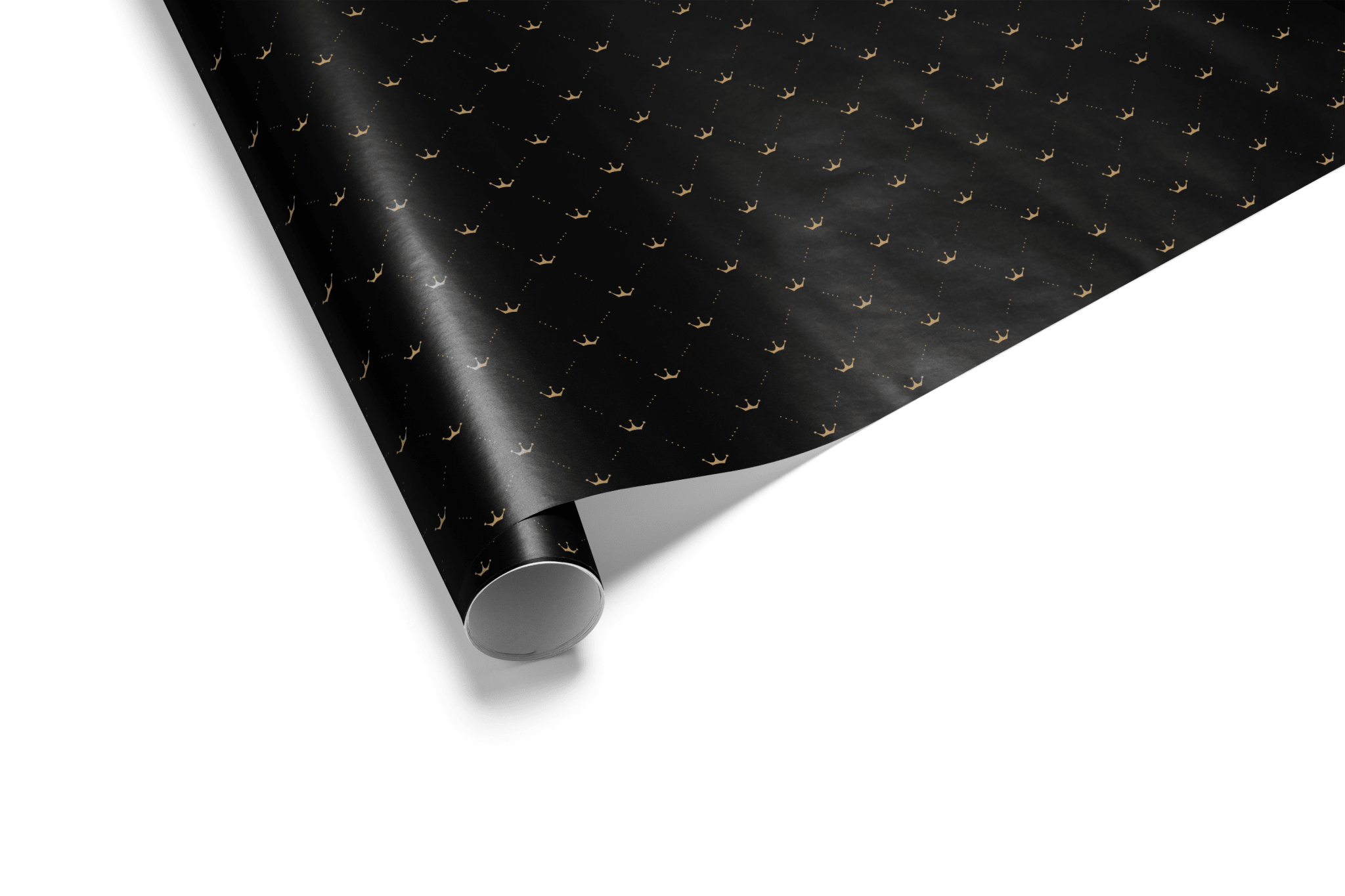 Alt Tag: Crown Wrapping Paper Royal After Midnight black gift wrap with gold crown motif diamond lattice luxury wrapping roll