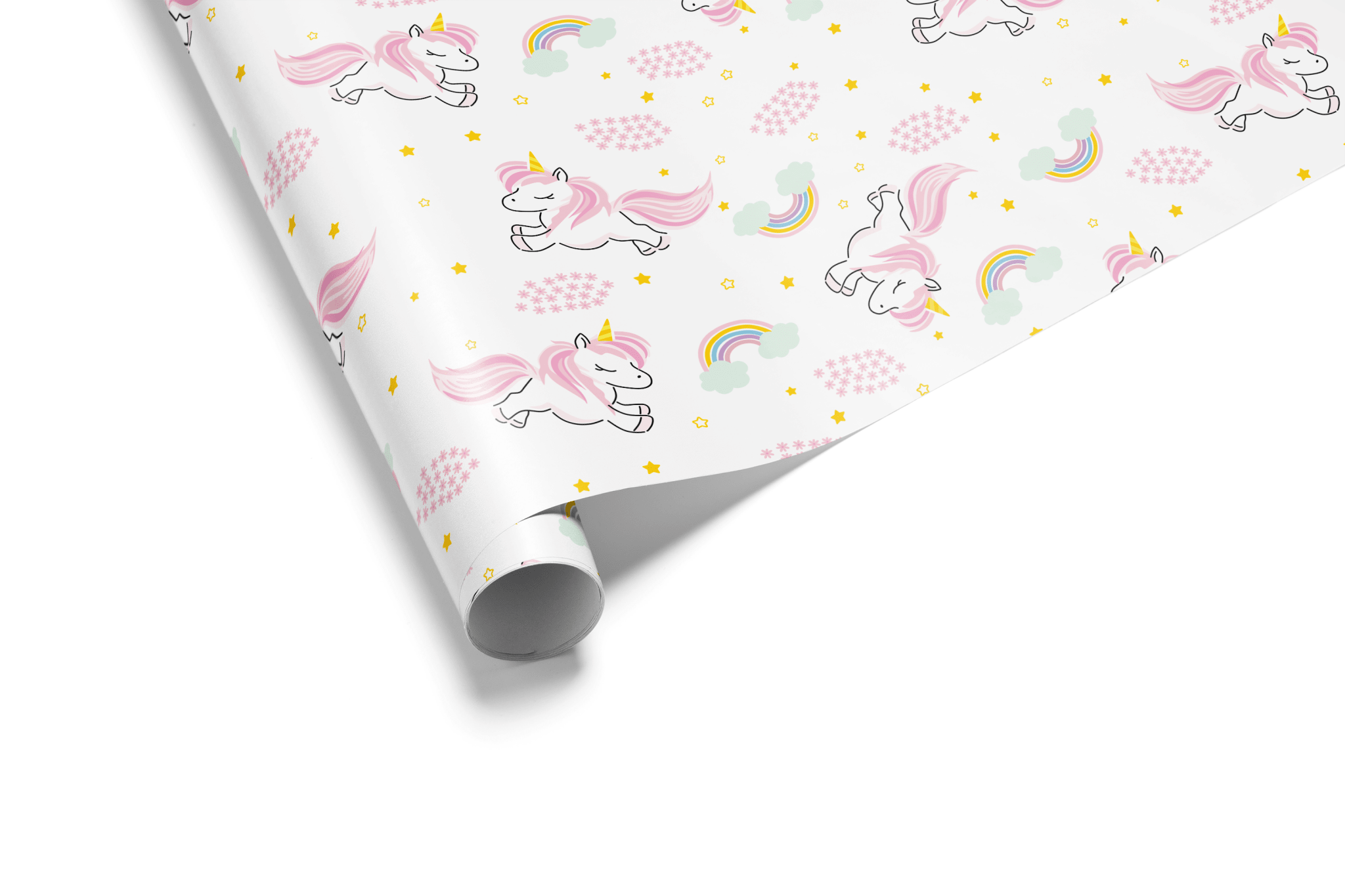 Alt Tag: Unicorn Wrapping Paper with pink unicorns, pastel rainbows, and gold stars on white gift wrap roll