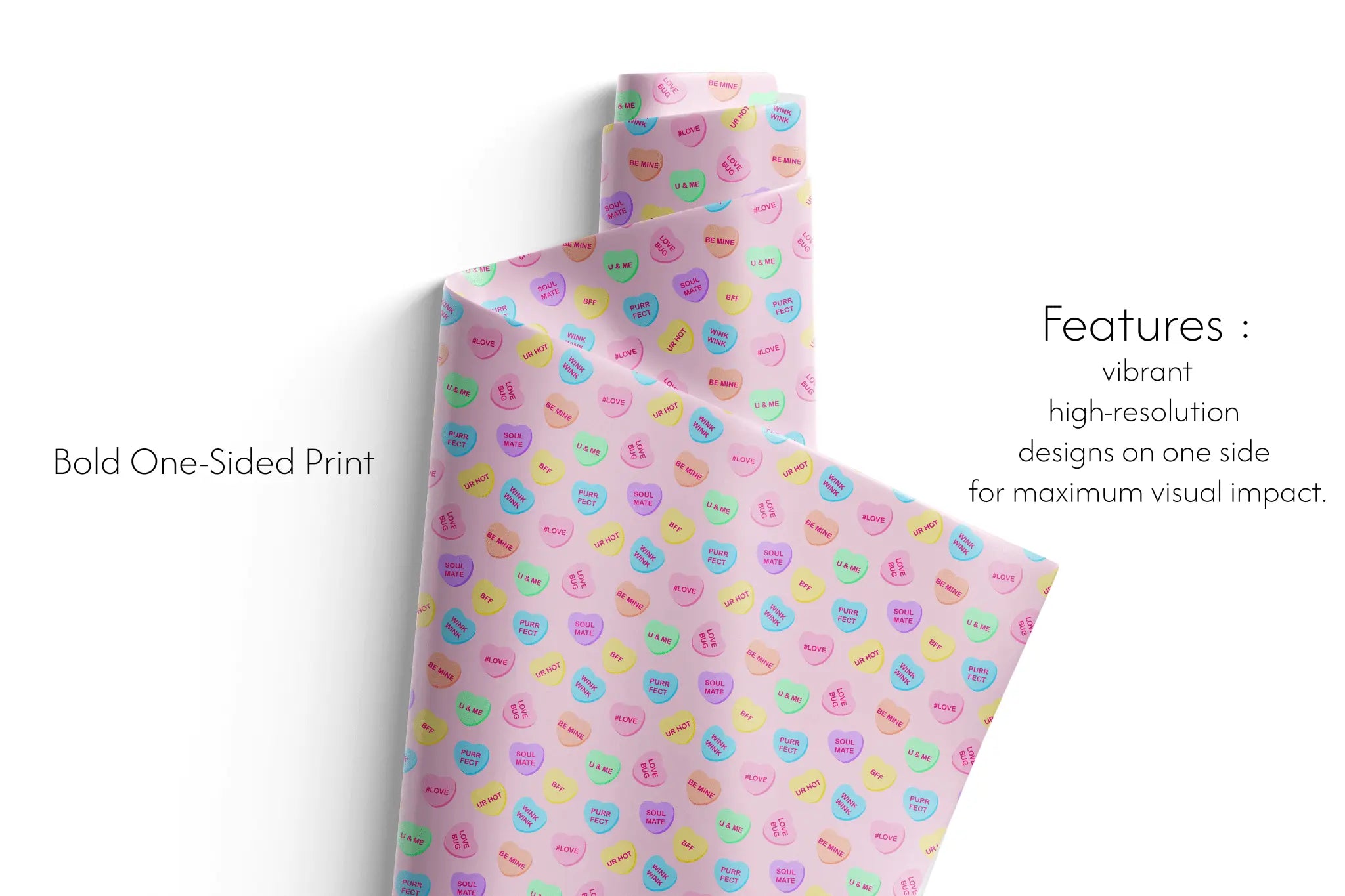 Pastel Heart Aesthetic Gift Wrapping Paper with conversation hearts on vibrant pink background, bold one-sided print