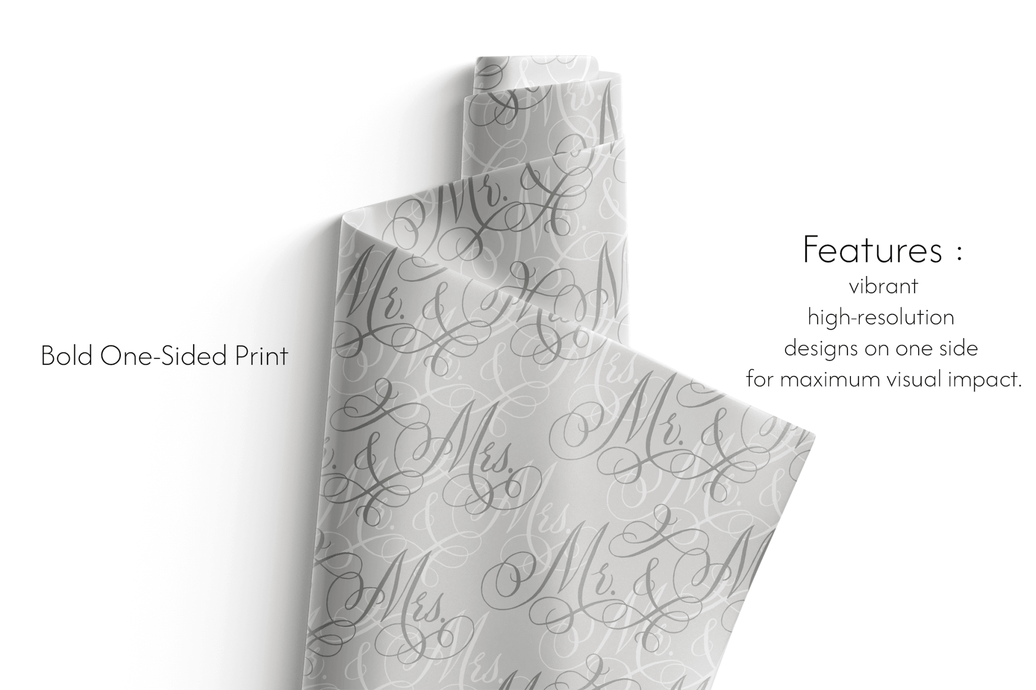 Wedding Wrapping Paper roll with elegant Mr. & Mrs. calligraphy on soft neutral background, bold one-sided print high-resolution design