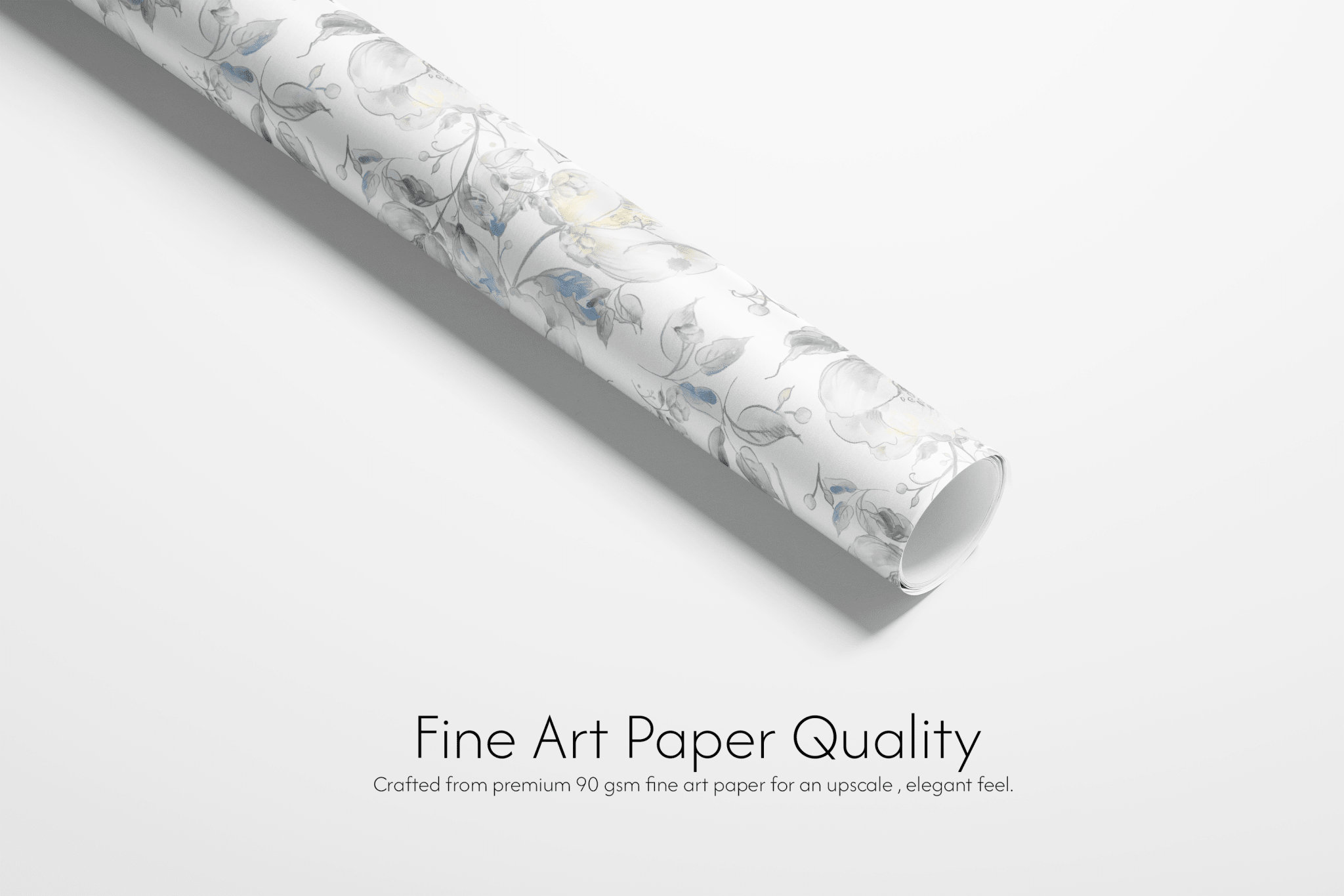 Alt Tag: Whispering Midnight Sapphire Petals fine art wrapping paper roll, wedding and bridal shower wrapping paper with soft blue and grey florals
