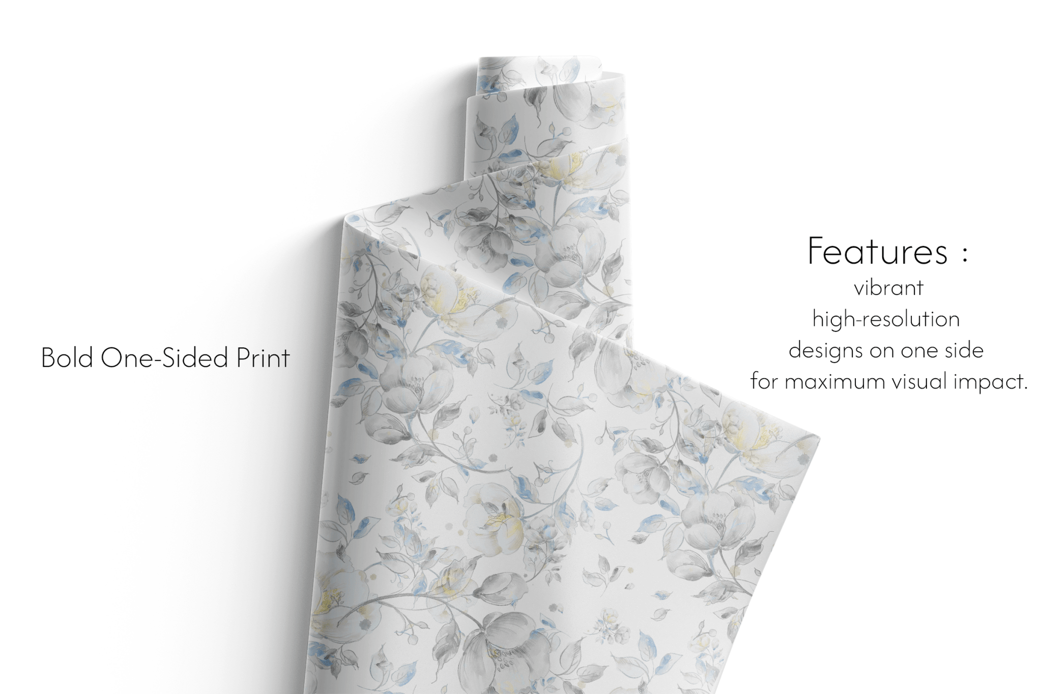 Whispering Midnight Sapphire Petals wedding and bridal shower wrapping paper with soft blue and grey florals roll close-up