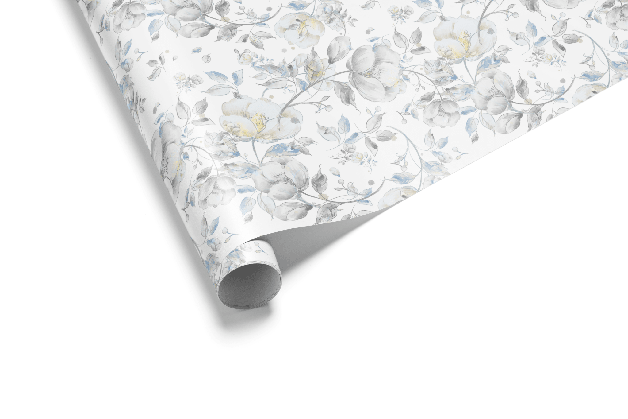 Whispering Midnight Sapphire Petals wedding and bridal shower wrapping paper with soft blue and grey florals