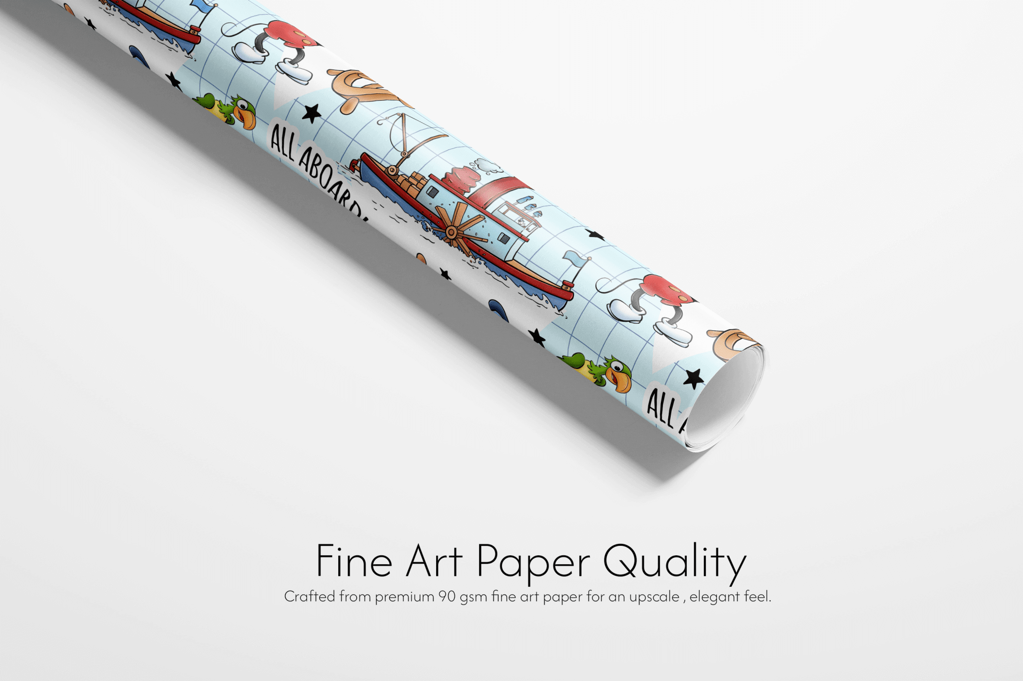 Alt Tag: Whistling Riverboat Nostalgia Voyage steamboat willie wrapping paper for kids, fine art paper quality roll with vintage riverboat pattern